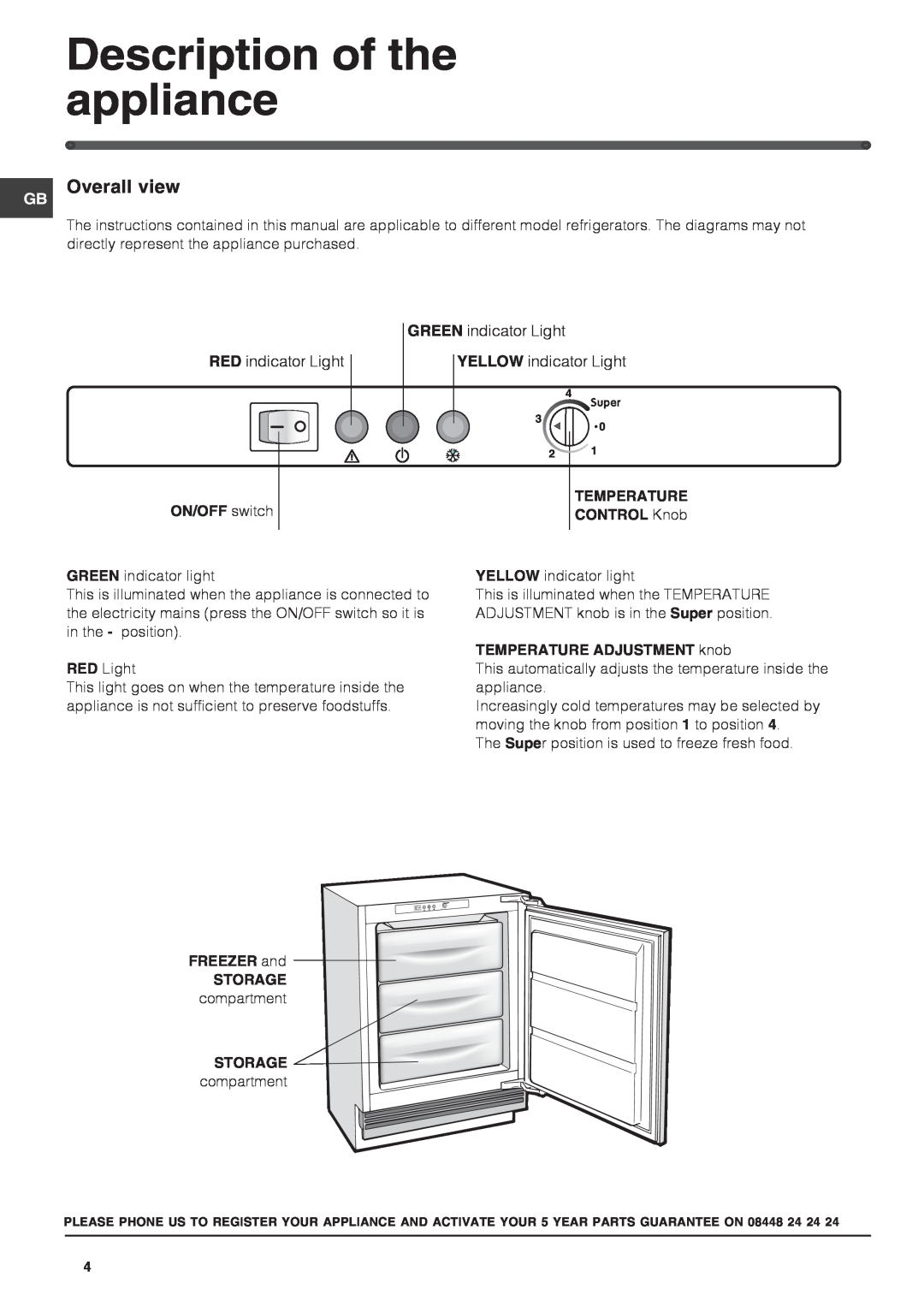 Hotpoint HUZ1221 Description of the appliance, Overall view, ON/OFF switch, Temperature, CONTROL Knob 