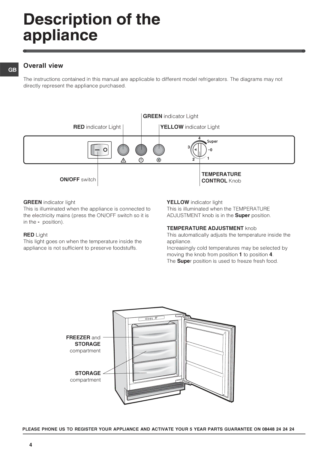 Hotpoint HUZ1221, HUZ1222, Freezer manual Description of the appliance, Overall view 