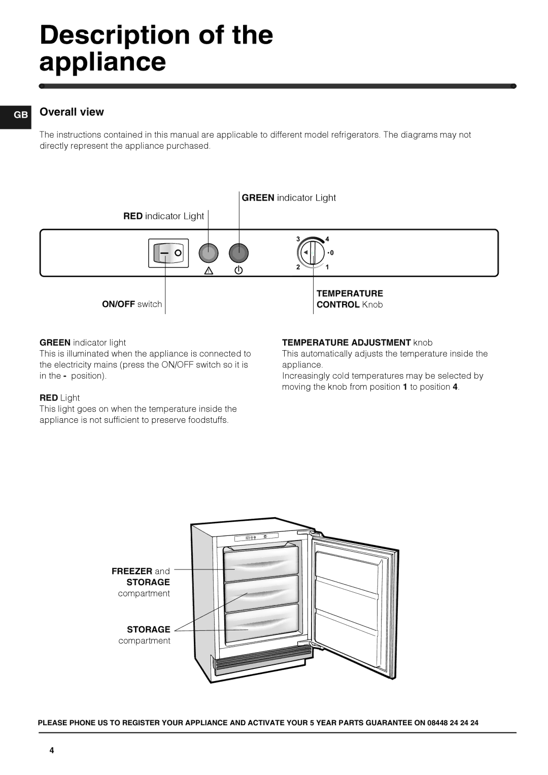 Hotpoint HUZ1222.1 manual Description of the appliance, GB Overall view, ON/OFF switch, Freezer Storage compartment 