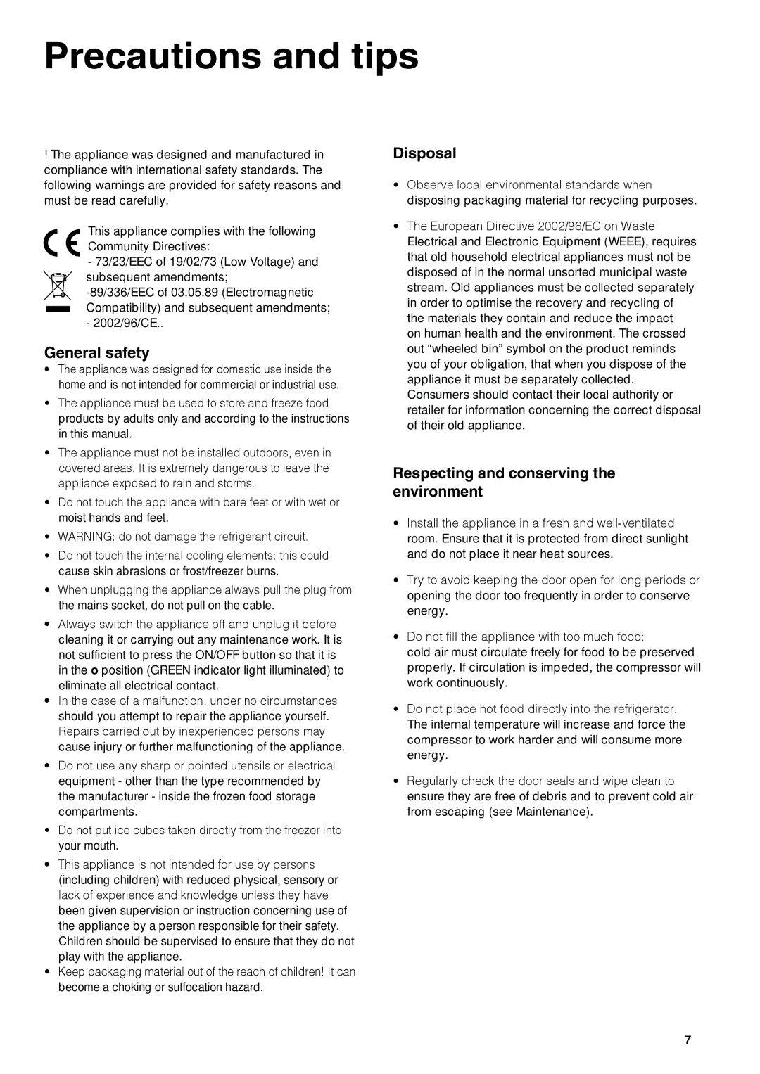 Hotpoint HUZ1222.1 manual Precautions and tips, Disposal, General safety, Respecting and conserving, Environment 