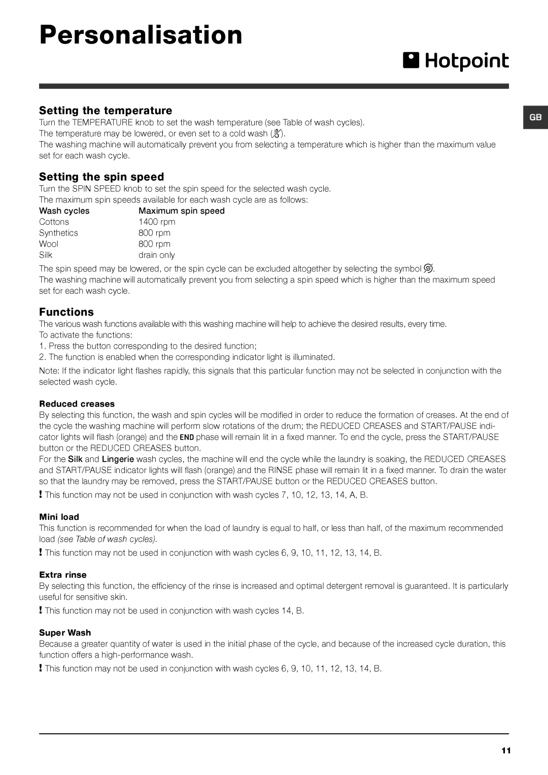 Hotpoint HV7L 145 manual Personalisation, Setting the temperature, Setting the spin speed, Functions 