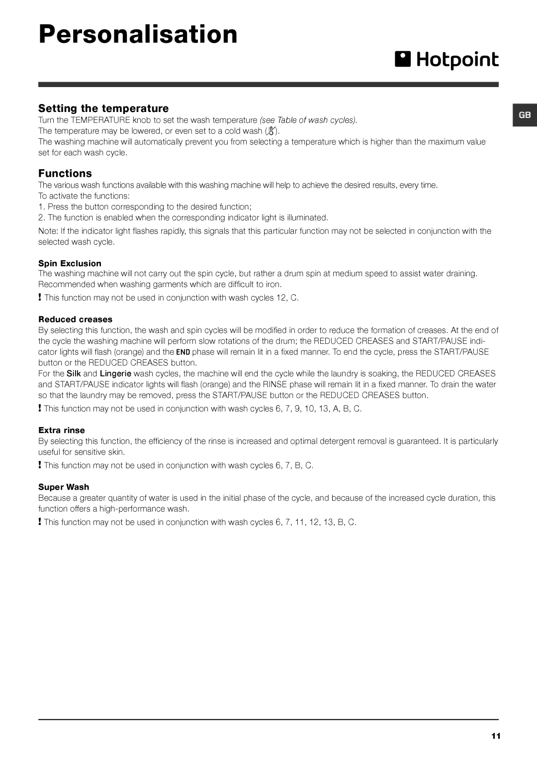 Hotpoint HV8B 593 manual Personalisation, Setting the temperature, Functions 