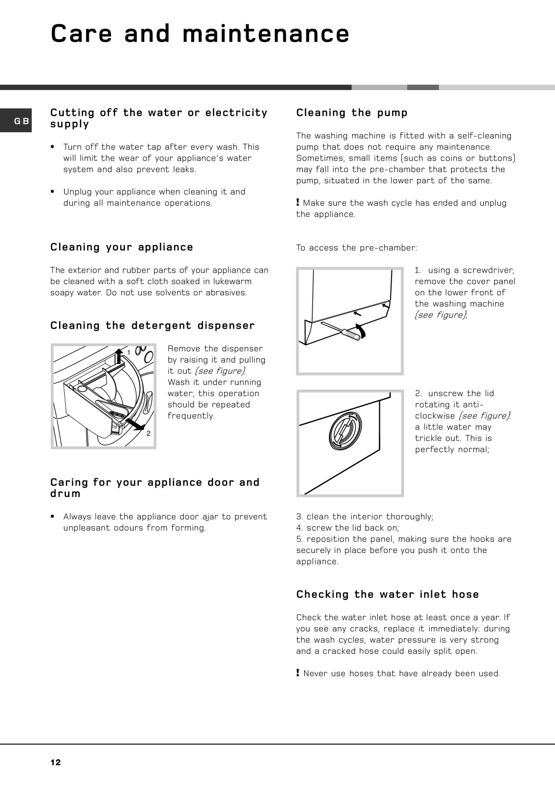 Hotpoint hvl 211 manual Care and maintenance 