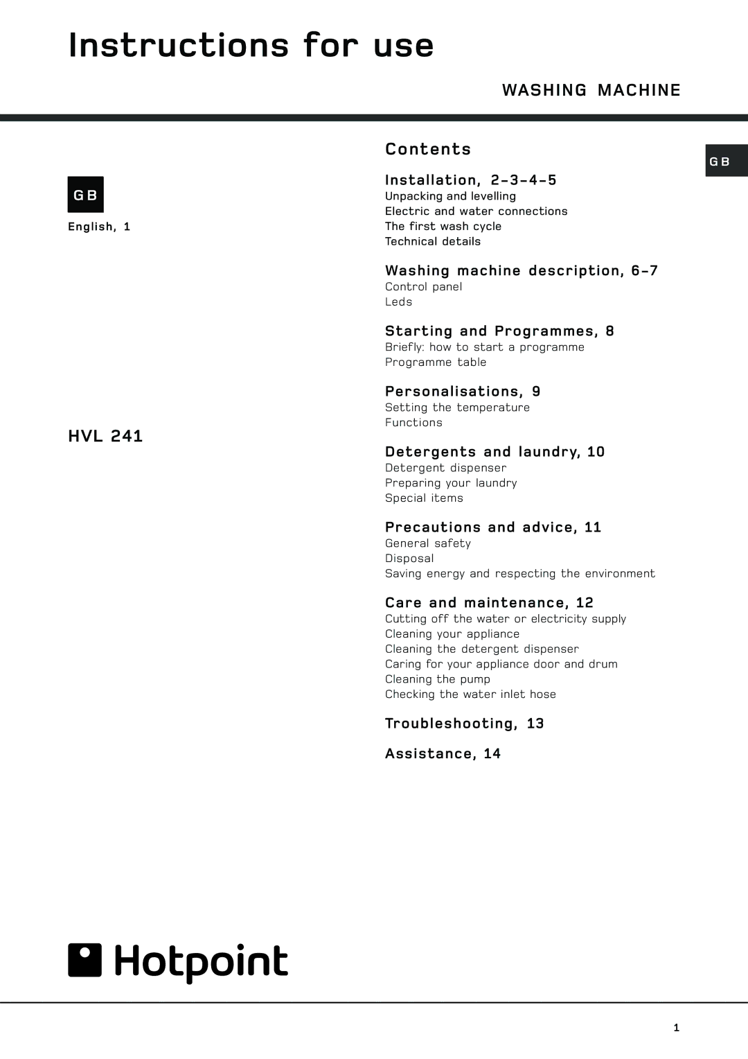 Hotpoint HVL 241 manual Instructions for use, Washing Machine 