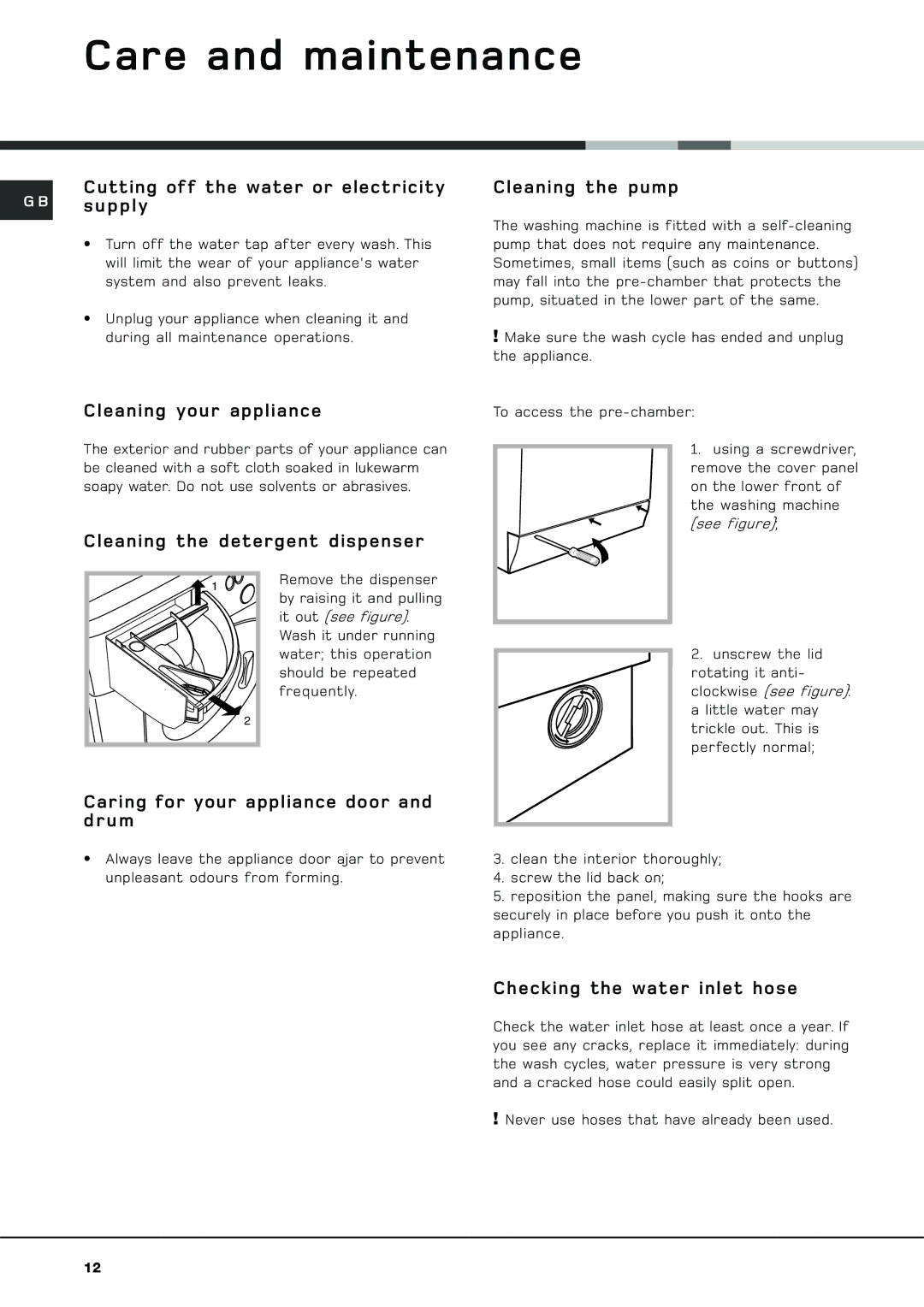 Hotpoint HVL 241 manual Care and maintenance 