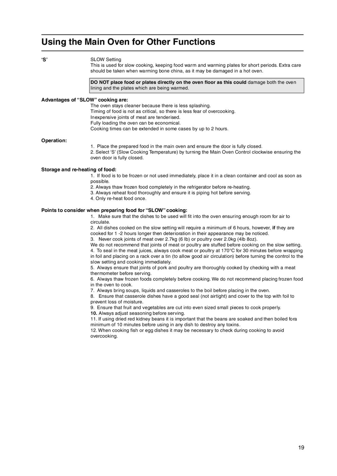 Hotpoint HW150EW manual Using the Main Oven for Other Functions 