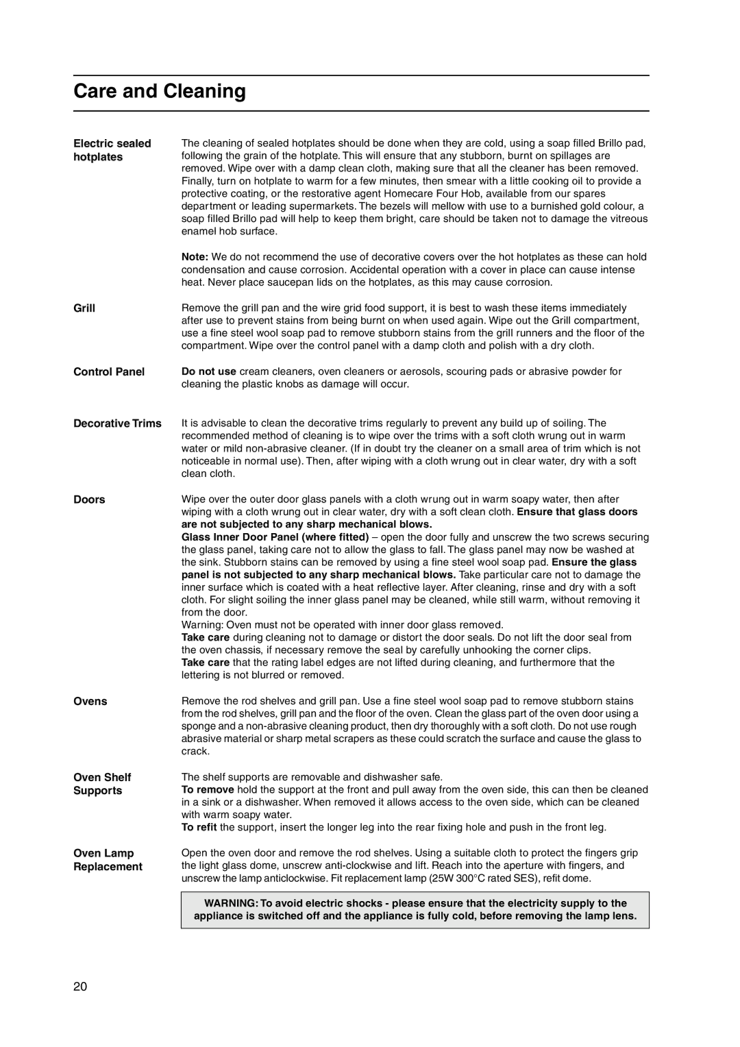 Hotpoint HW150EW manual Care and Cleaning 