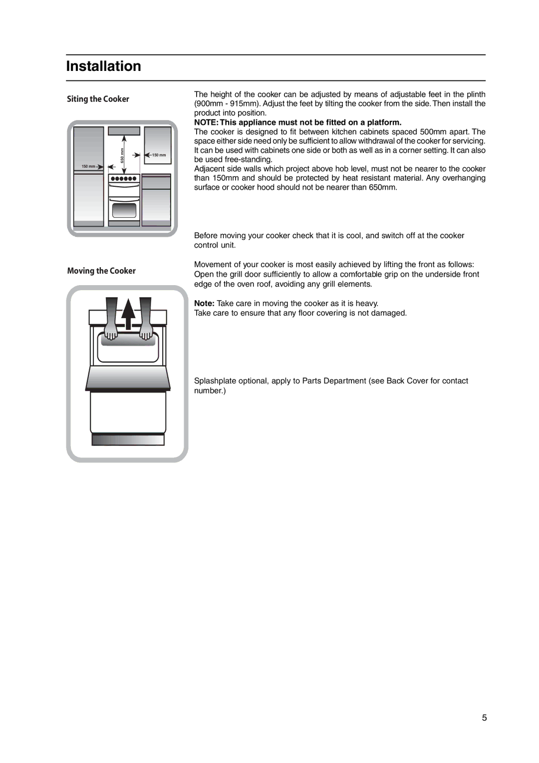 Hotpoint HW150EW manual Siting the Cooker 