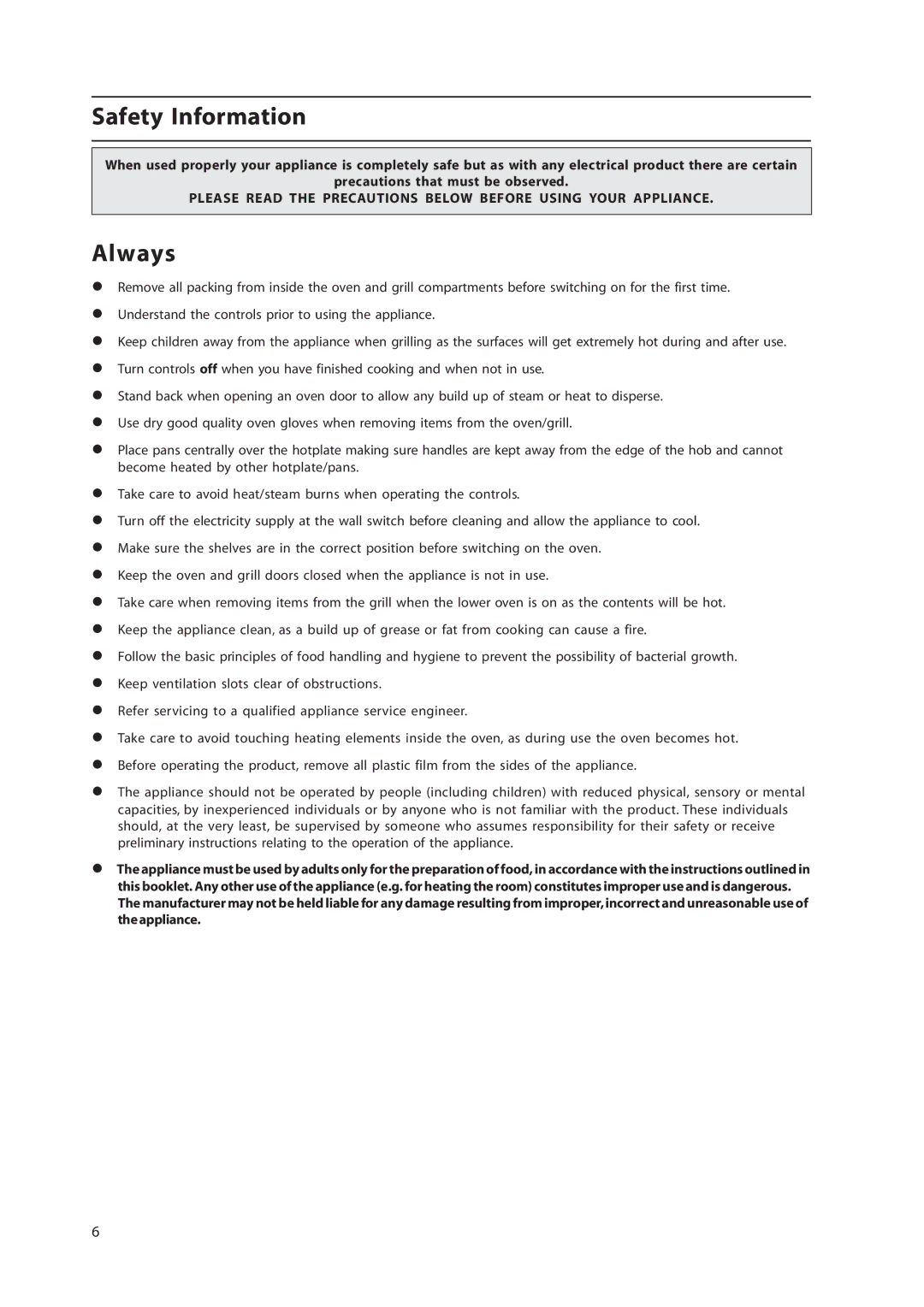 Hotpoint HW170EK, HW160EC, HW160EW, HW170EW manual Safety Information, Always 