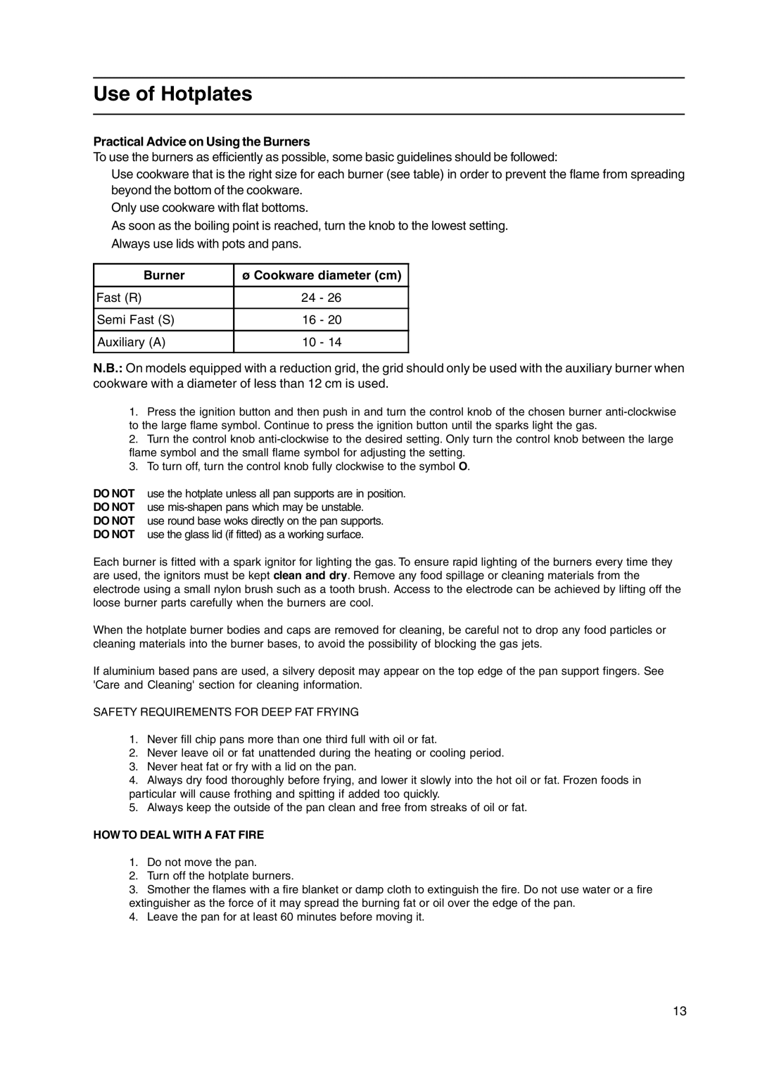 Hotpoint HW170GW, HW170GK, HW150GW Use of Hotplates, Practical Advice on Using the Burners, Burner Cookware diameter cm 