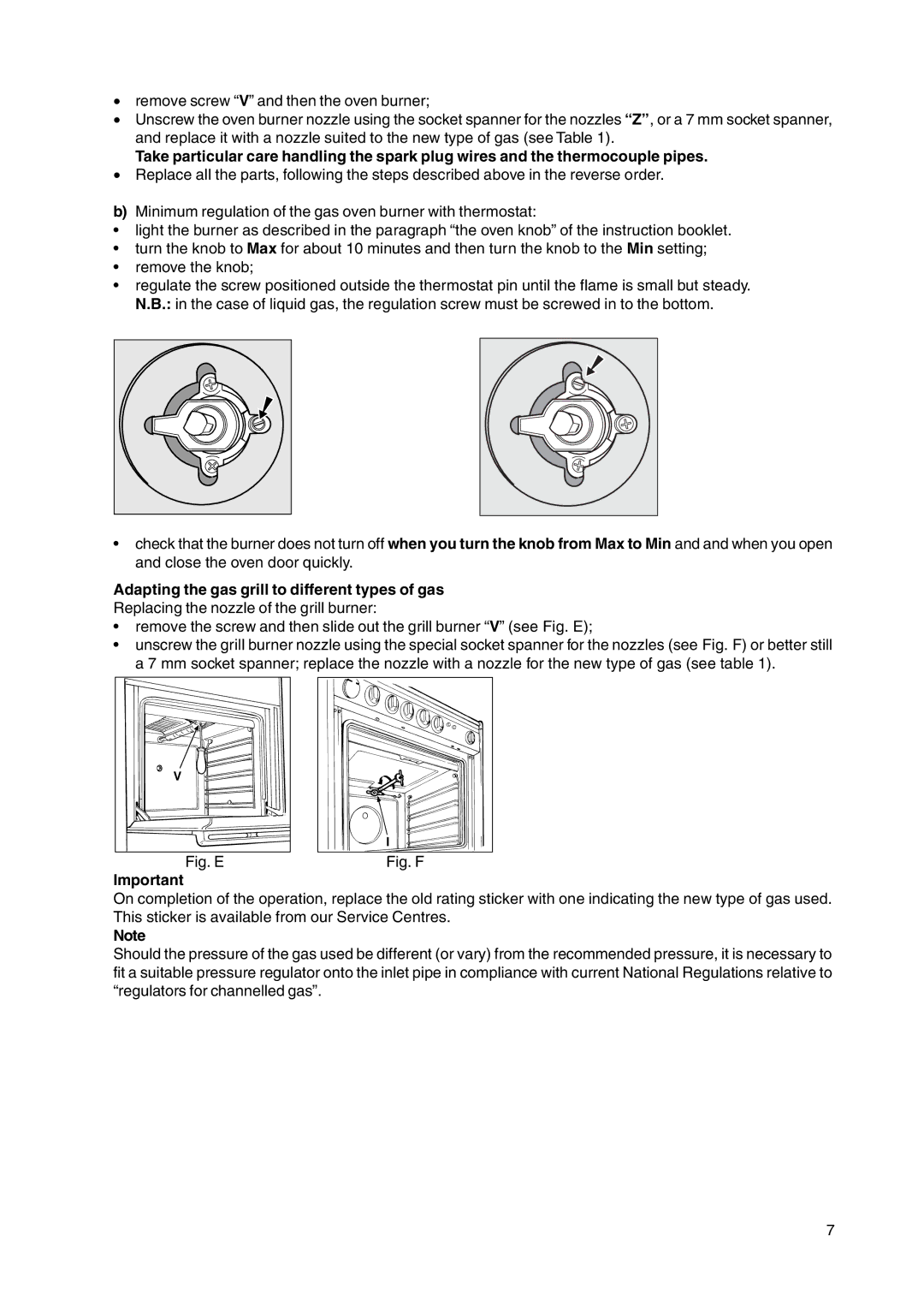 Hotpoint HW170GW, HW170GK, HW150GW manual Adapting the gas grill to different types of gas, Fig. E 