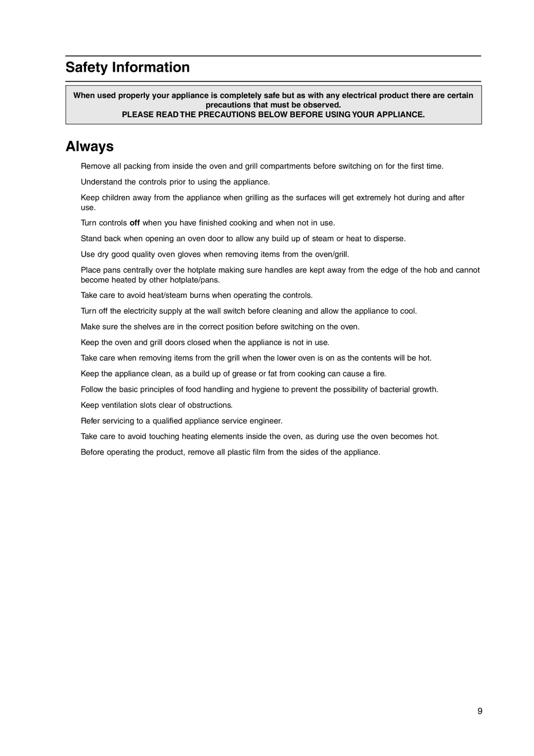 Hotpoint HW170GK, HW170GW, HW150GW manual Safety Information, Always 