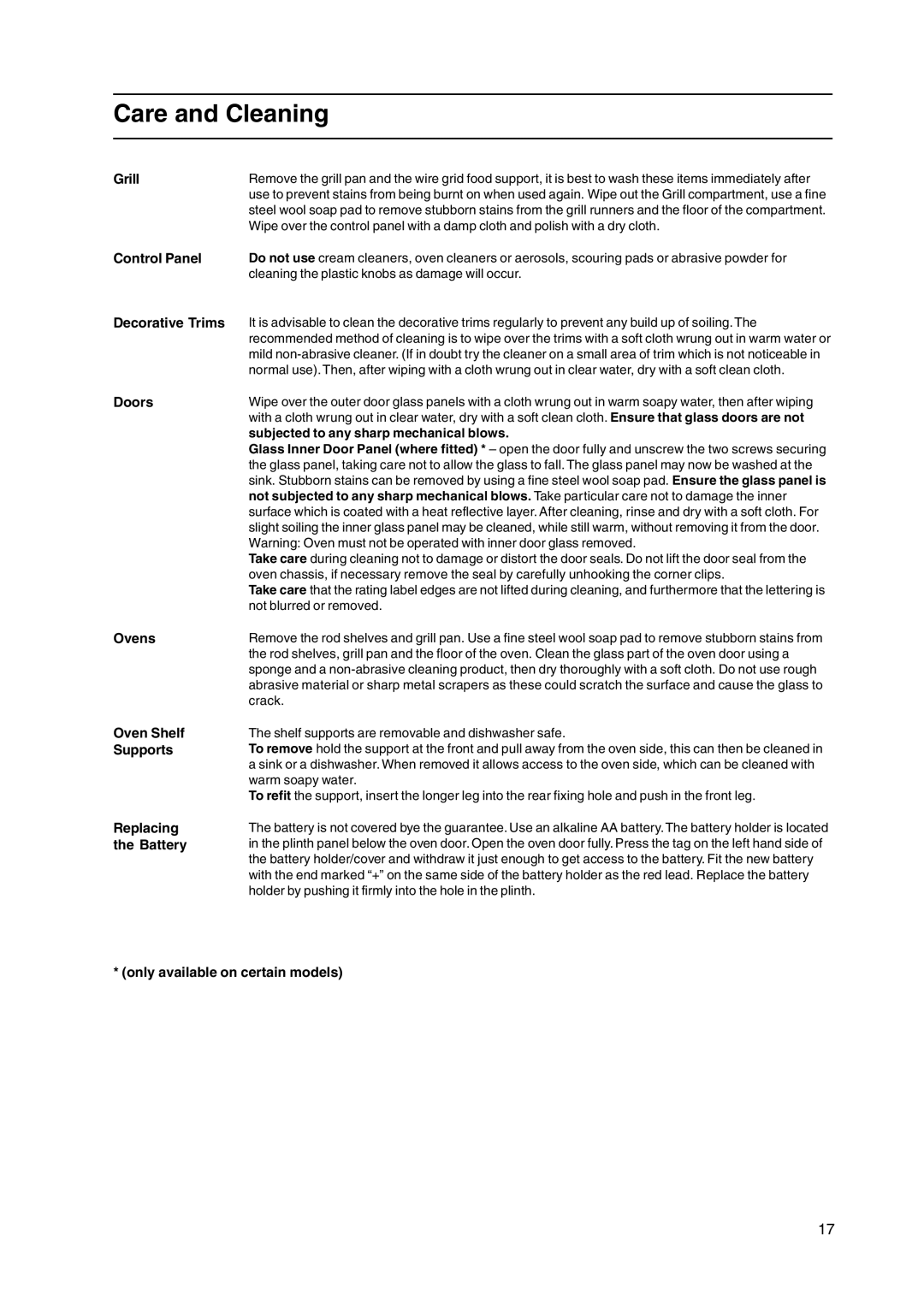 Hotpoint HW170GIW, HW170LIW, HW170LIK, HW170GIK manual Care and Cleaning 