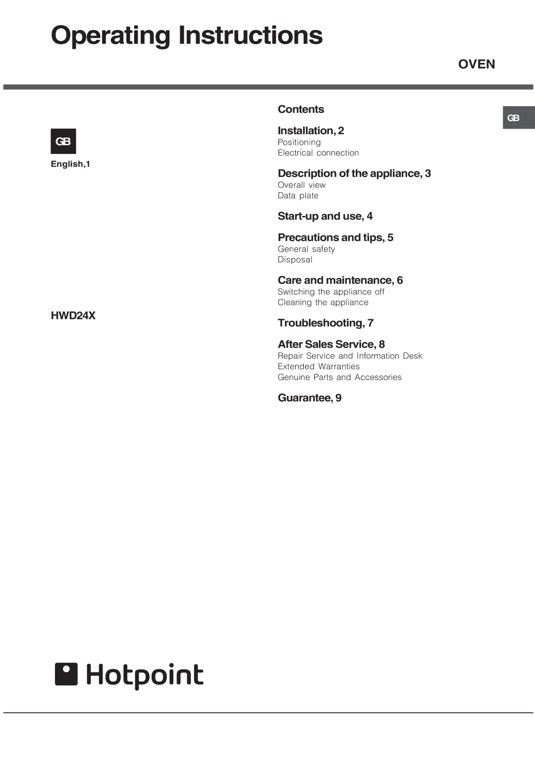 Hotpoint HWD24X operating instructions Operating Instructions 