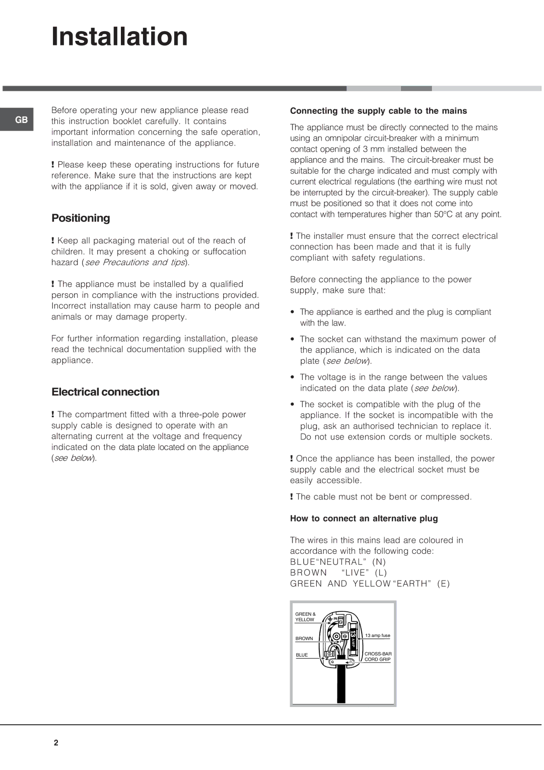 Hotpoint HWD24X operating instructions Installation, Positioning, Electrical connection 