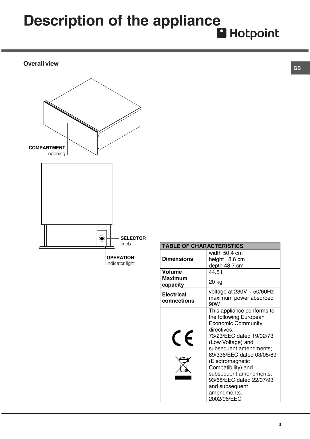 Hotpoint HWD24X operating instructions Description of the appliance, Overall view 