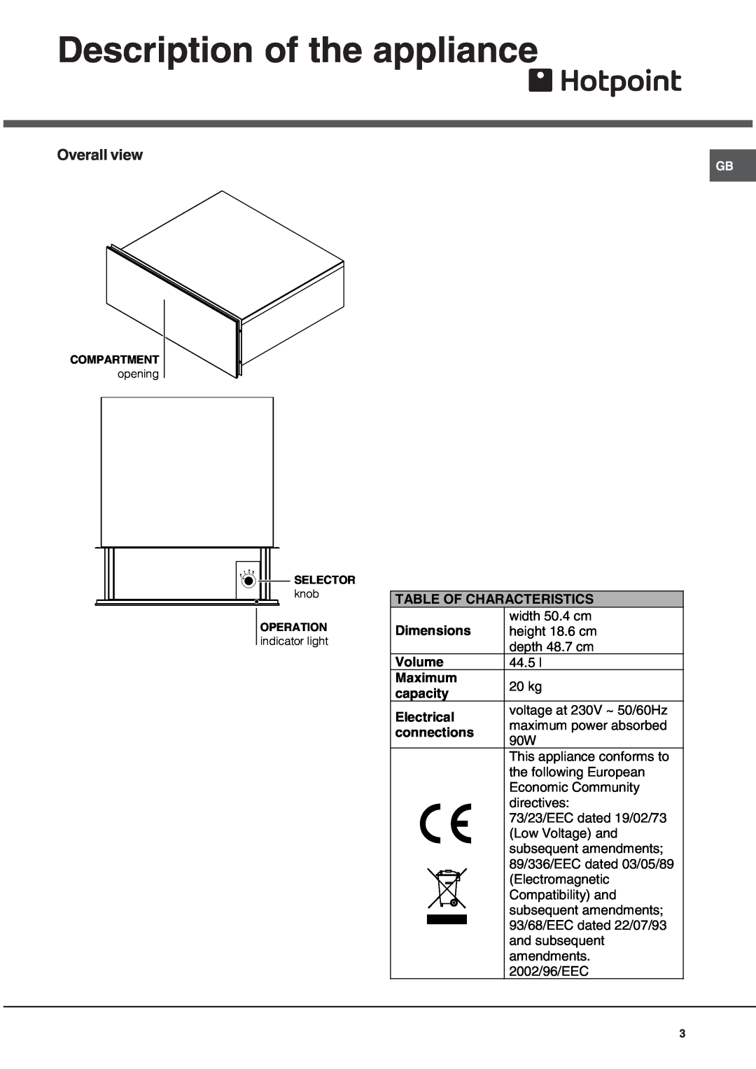 Hotpoint HWD24X Description of the appliance, Overall view, Table Of Characteristics, Dimensions Volume Maximum capacity 