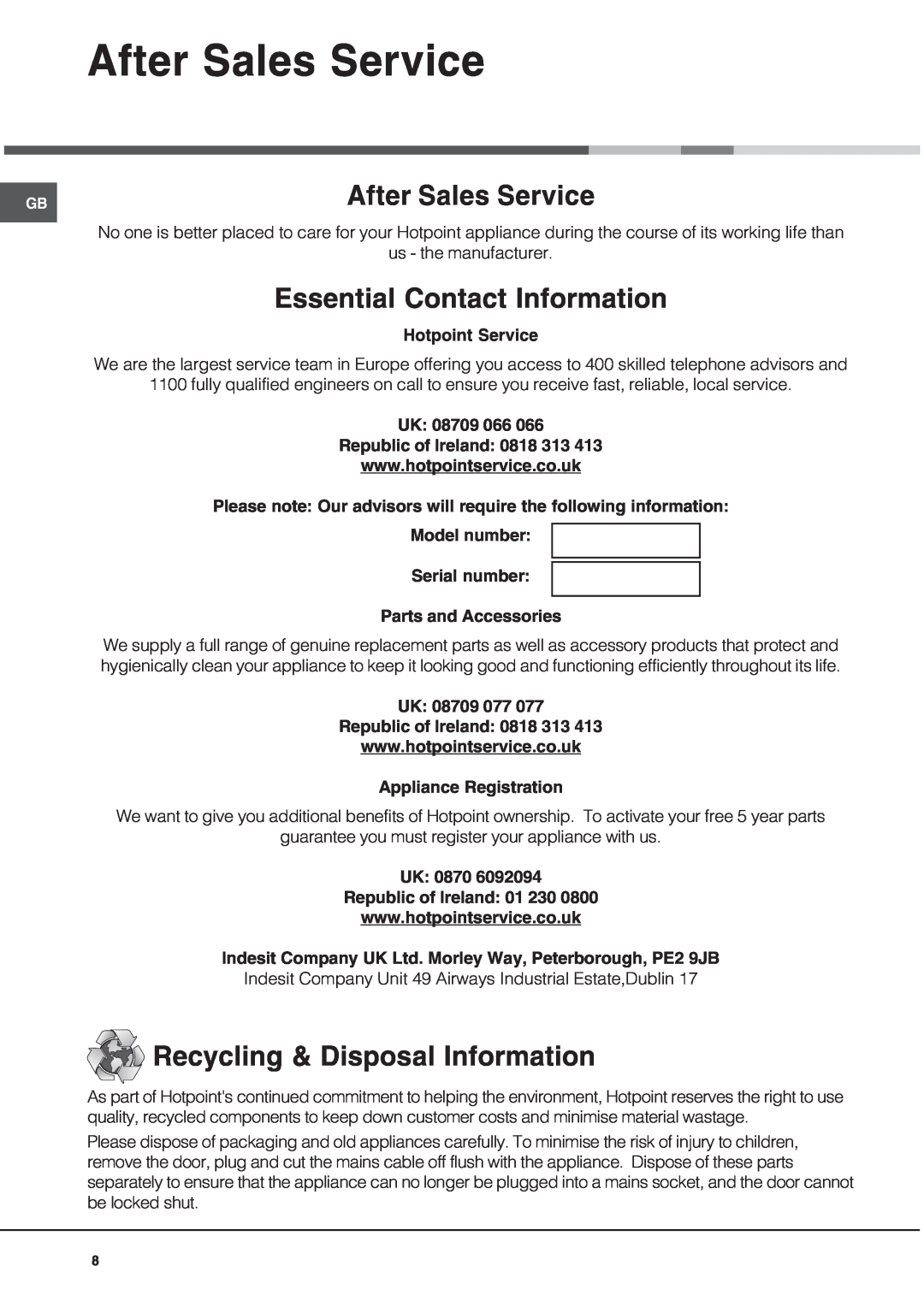 Hotpoint HWD24X operating instructions After Sales Service, Essential Contact Information, Recycling & Disposal Information 