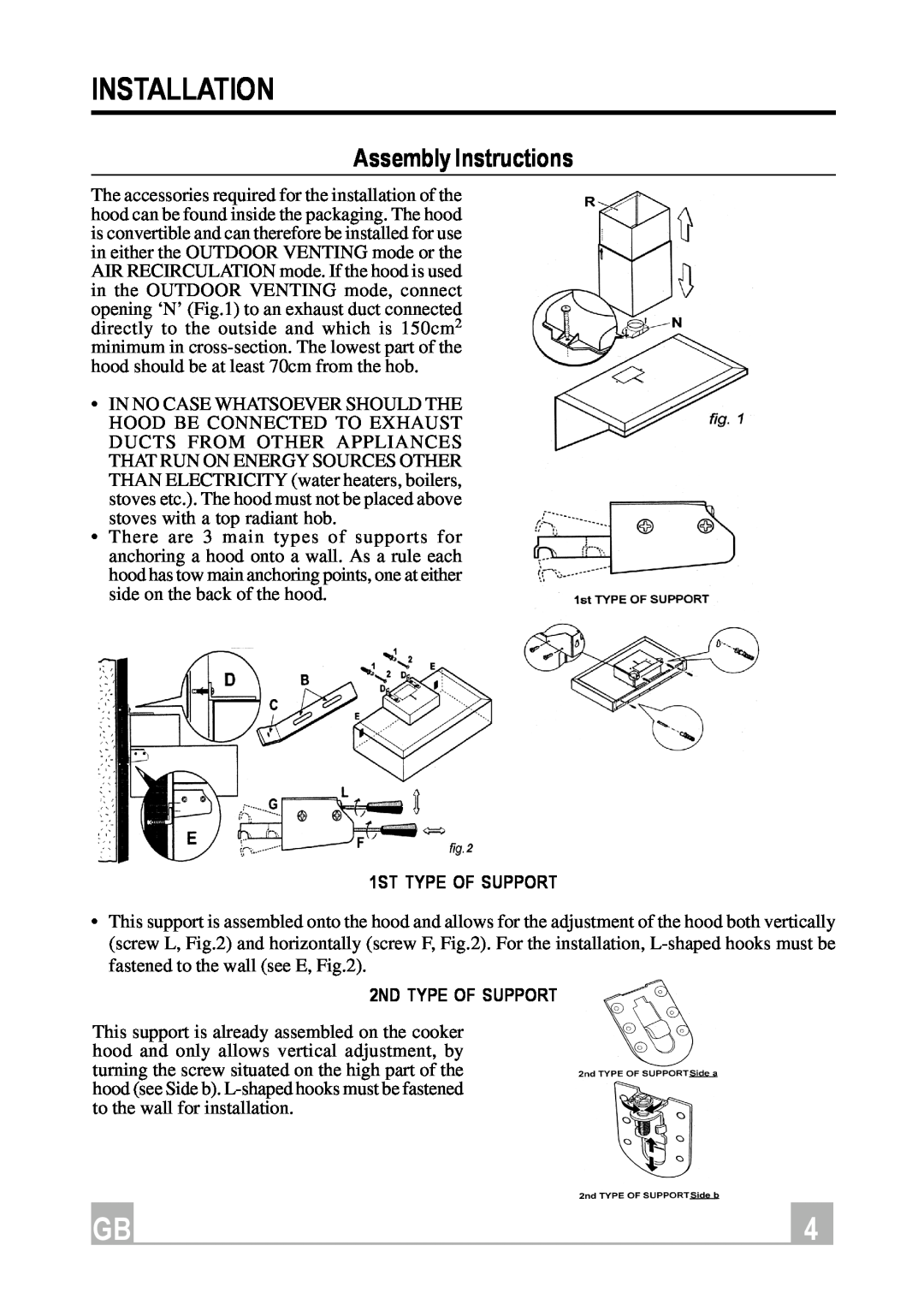Hotpoint HX901X manual Installation, Assembly Instructions, 1ST TYPE OF SUPPORT, 2ND TYPE OF SUPPORT 
