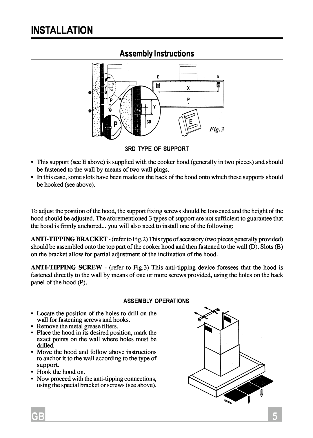 Hotpoint HX901X manual 3RD TYPE OF SUPPORT, Assembly Operations, Installation, Assembly Instructions 