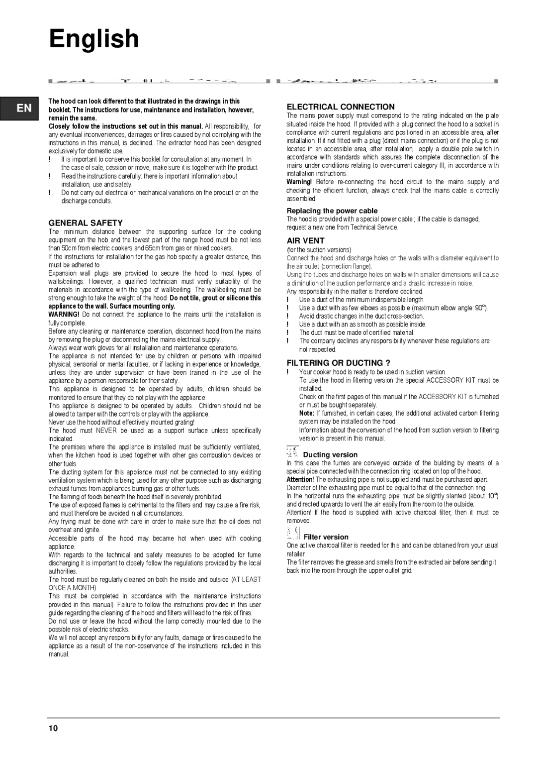 Hotpoint HXB9LSX manual General Safety, Electrical Connection, AIR Vent, Filtering or Ducting ? 