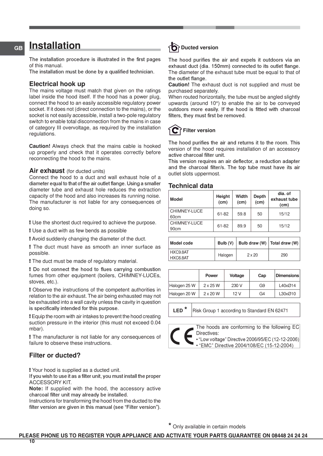 Hotpoint HXC9.8AT, HXC6.8AT manual GB Installation, Electrical hook up, Technical data, Filter or ducted? 