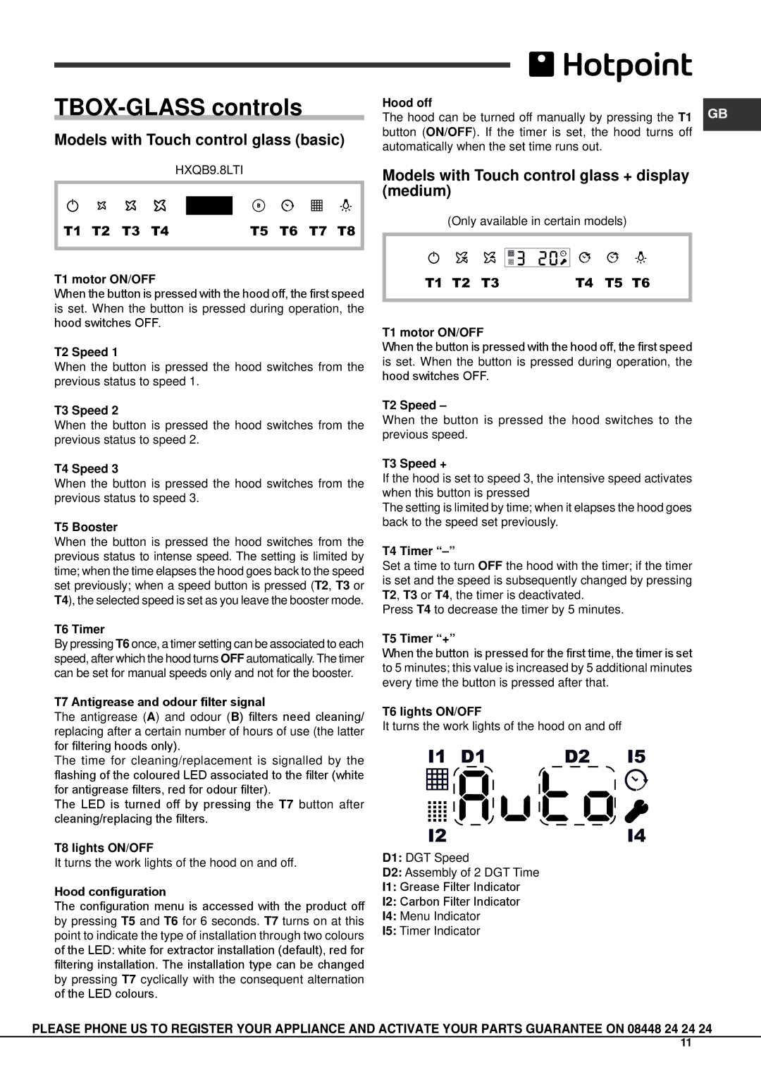 Hotpoint HXQB9.8LTI operating instructions TBOX-GLASS controls, Models with Touch control glass basic 