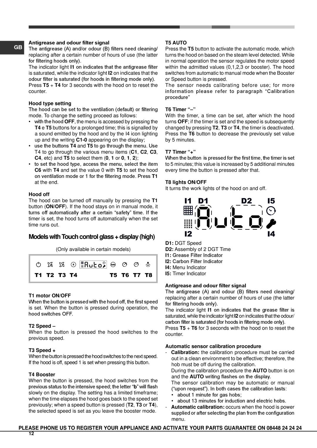 Hotpoint HXQB9.8LTI operating instructions Antigrease and odour filter signal, Hood type setting, T4 Booster, T7 Timer + 