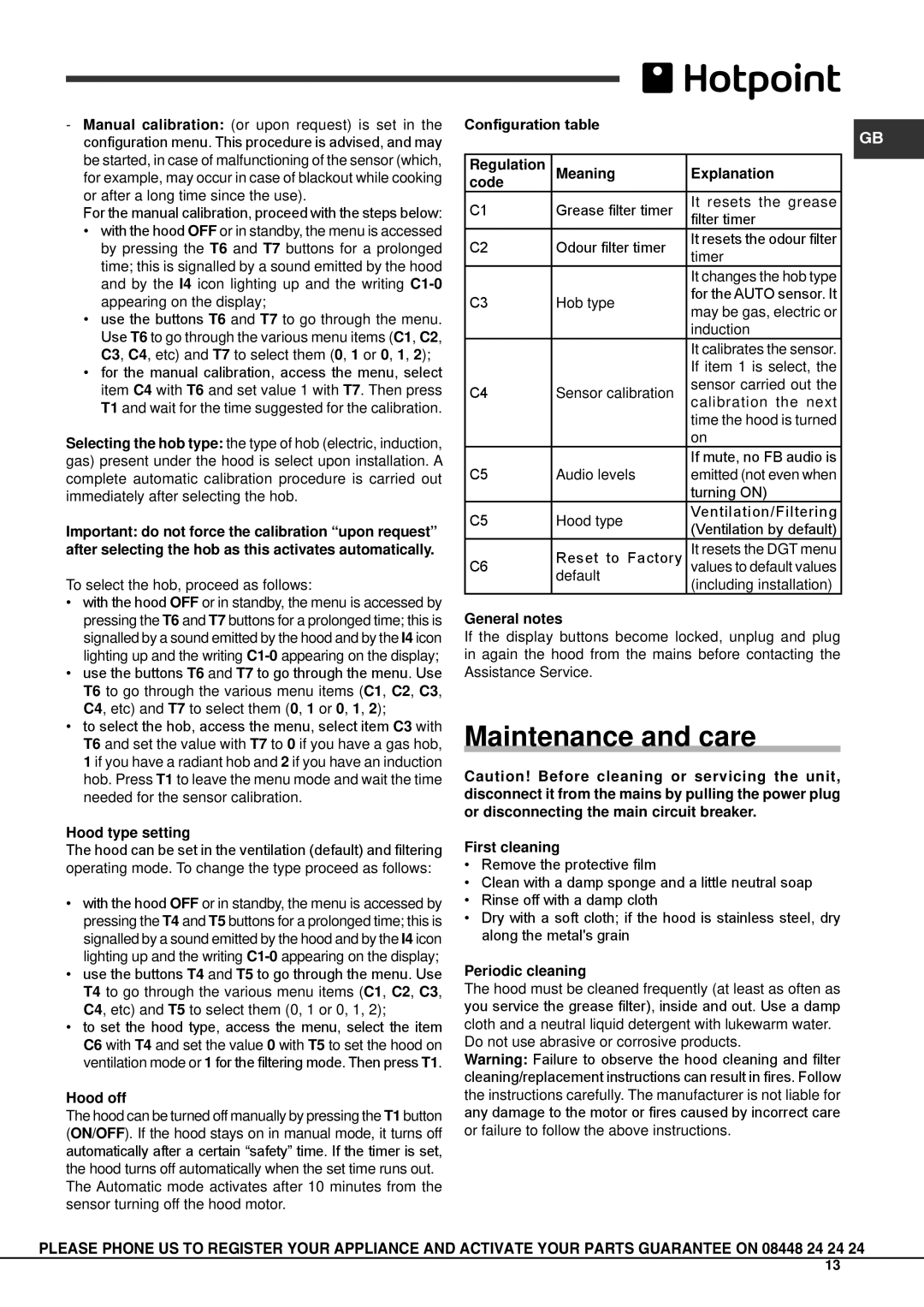 Hotpoint HXQB9.8LTI Maintenance and care, Configuration table Regulation Meaning Explanation Code, General notes 