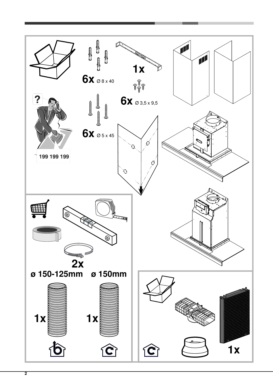 Hotpoint HXQB9.8LTI operating instructions 150mm, 150-125mm, 6x Ø 3,5 x 9,5, 6x Ø 5 x 