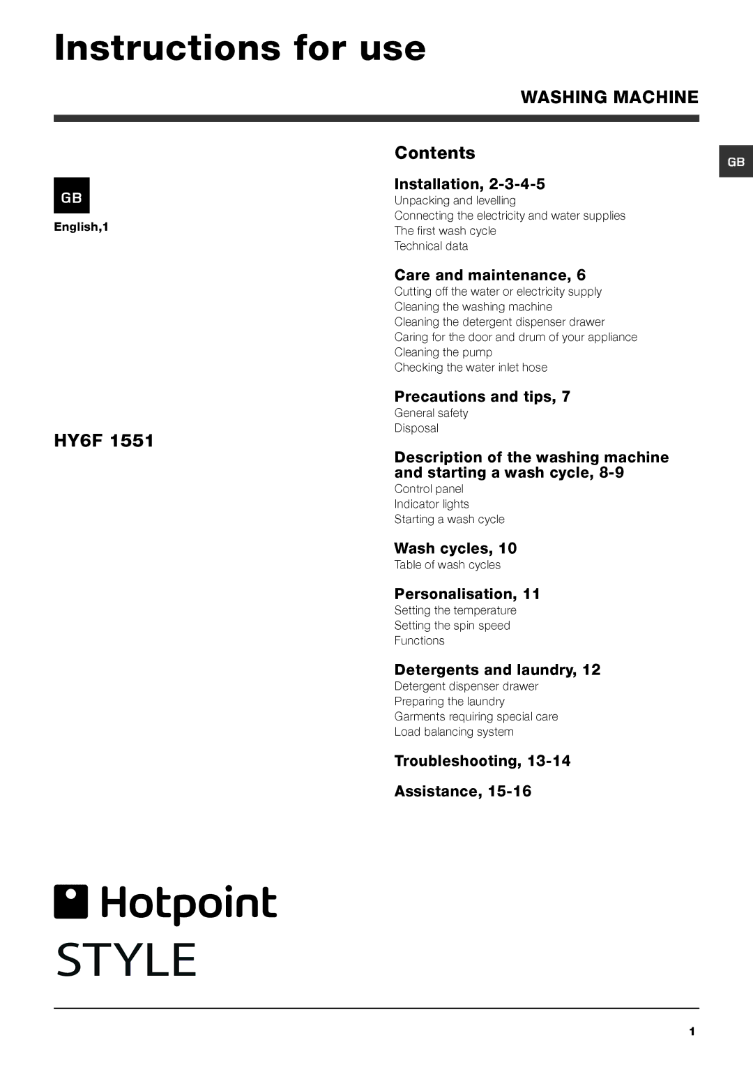 Hotpoint HY6F 1551 manual Instructions for use, Contents 