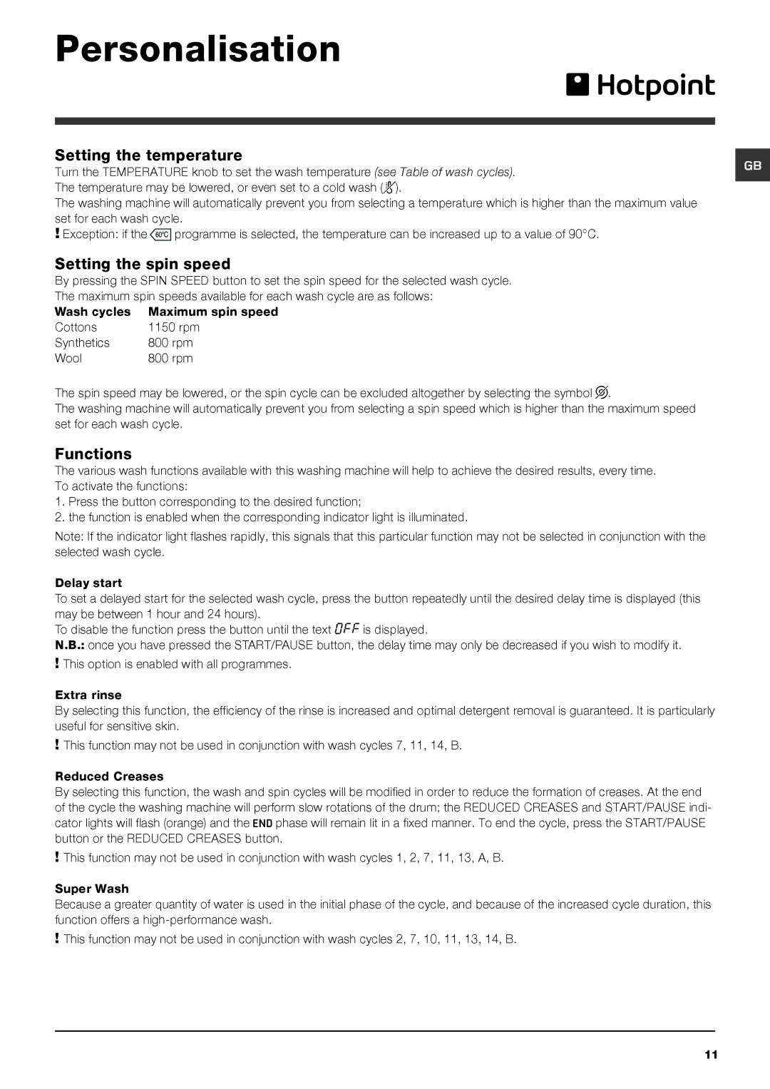 Hotpoint HY6F 1551 manual Personalisation, Setting the temperature, Setting the spin speed, Functions 