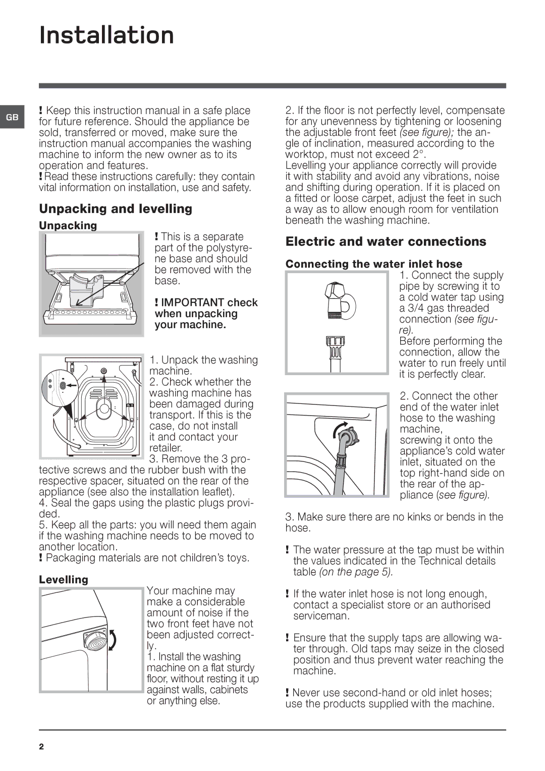 Hotpoint HY6F 1551 manual Unpacking and levelling, Electric and water connections 