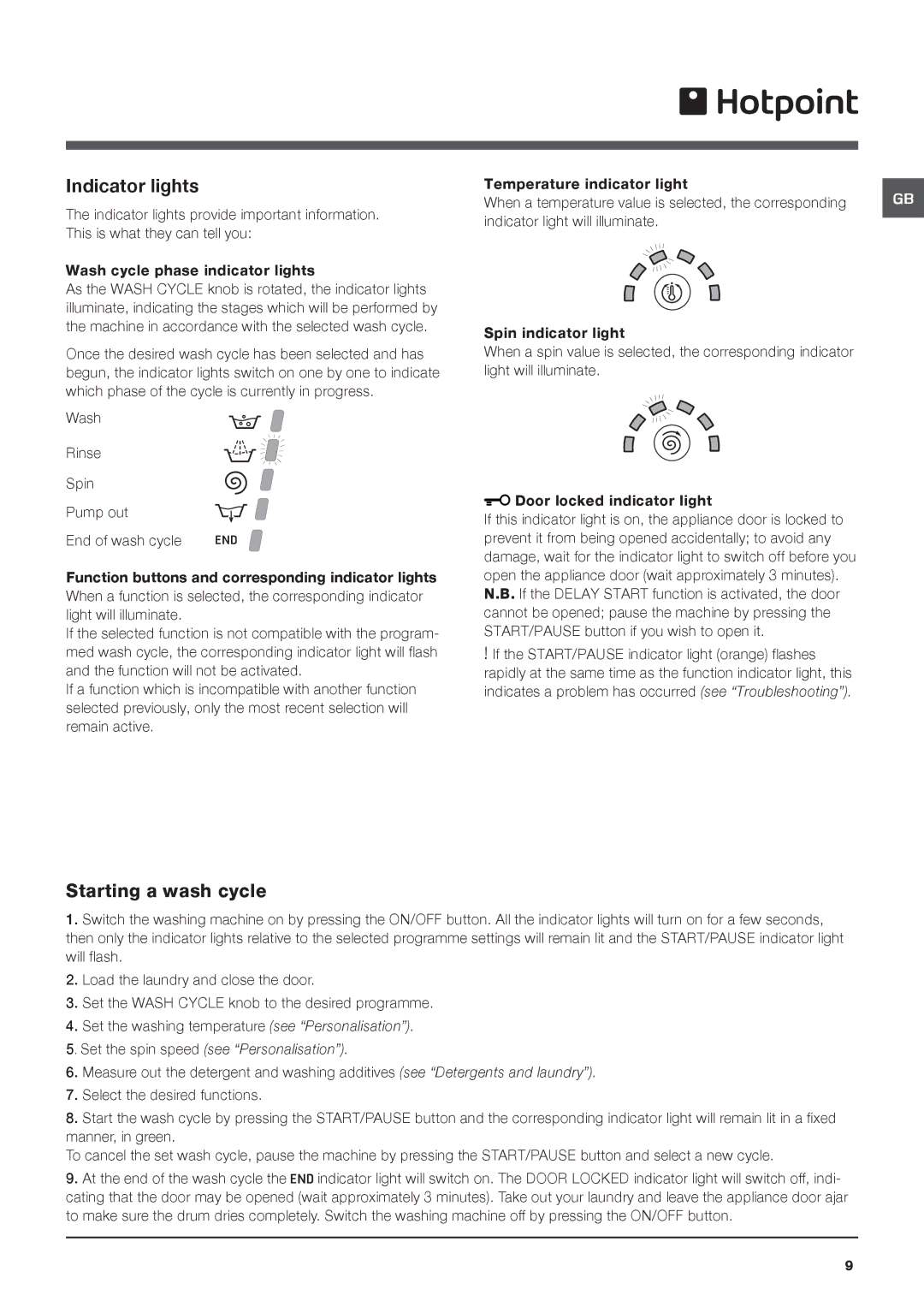 Hotpoint HY6F 1551 manual Indicator lights, Starting a wash cycle 