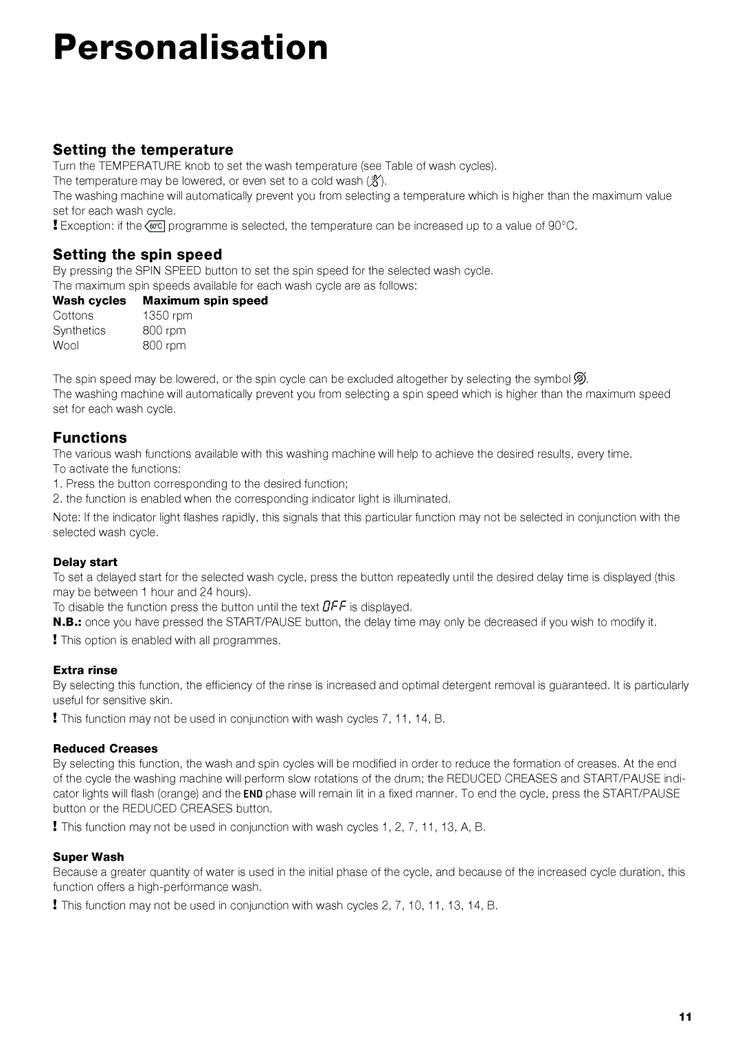 Hotpoint HY6F3551 manual Personalisation, Setting the temperature, Setting the spin speed, Functions 