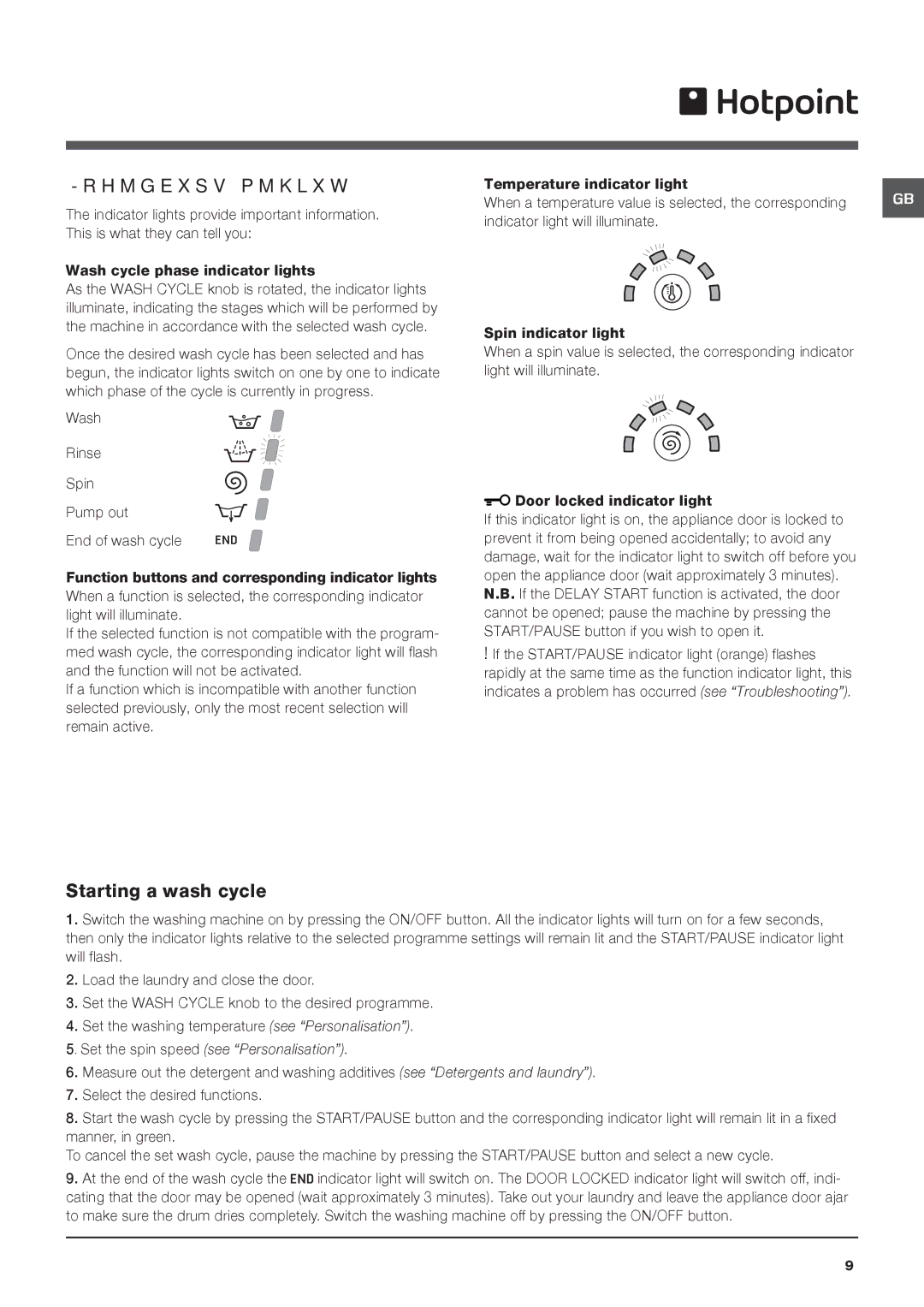 Hotpoint HY6F3551 manual Indicator lights, Starting a wash cycle 