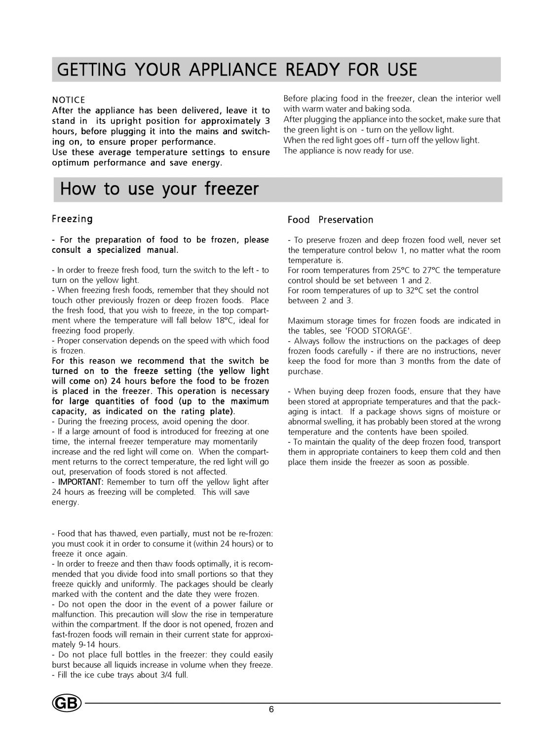 Hotpoint HZ141 manual Getting Your Appliance Ready for USE, Freezing, Food Preservation 