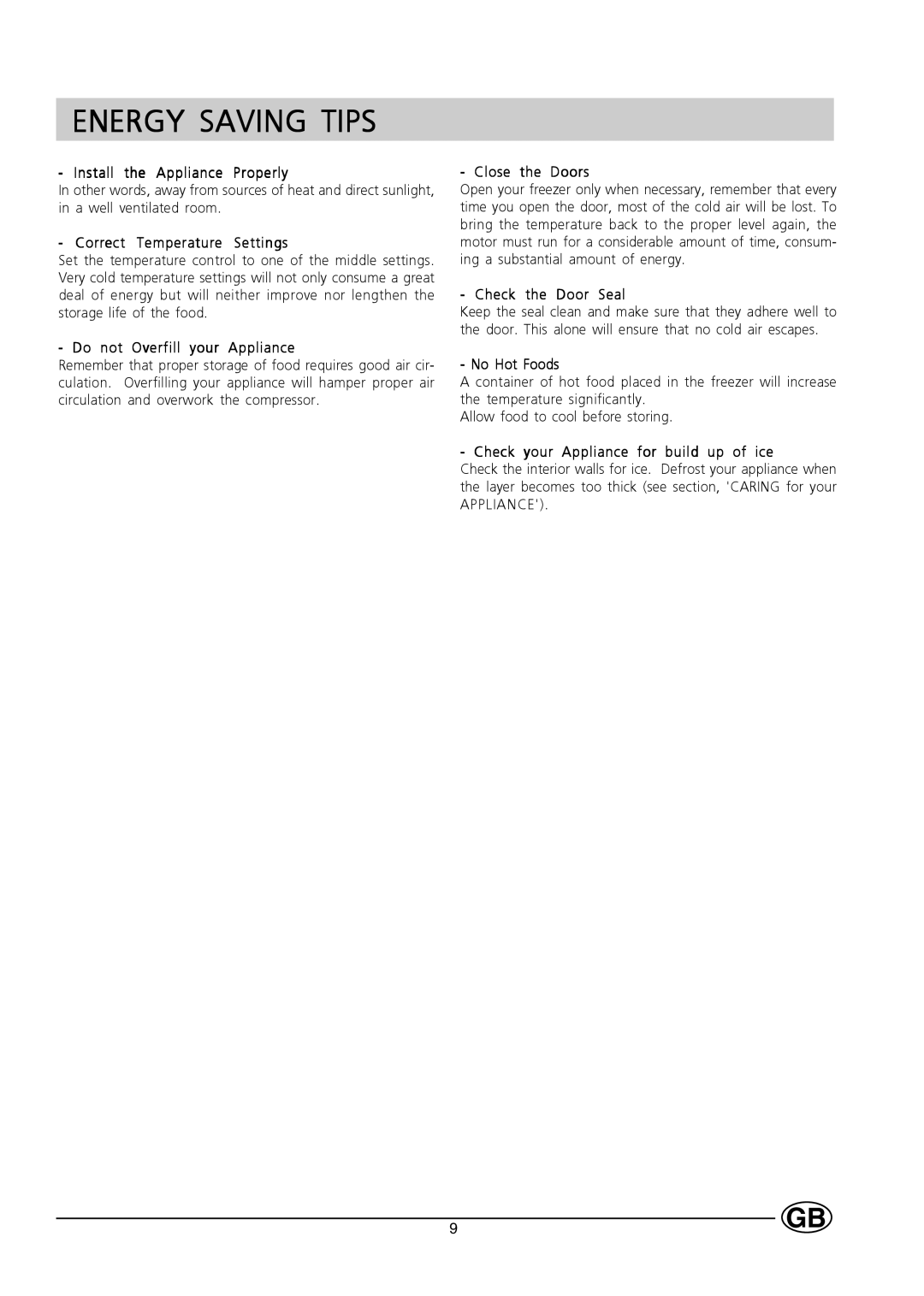 Hotpoint HZ141 manual Energy Saving Tips, Correct Temperature Settings 