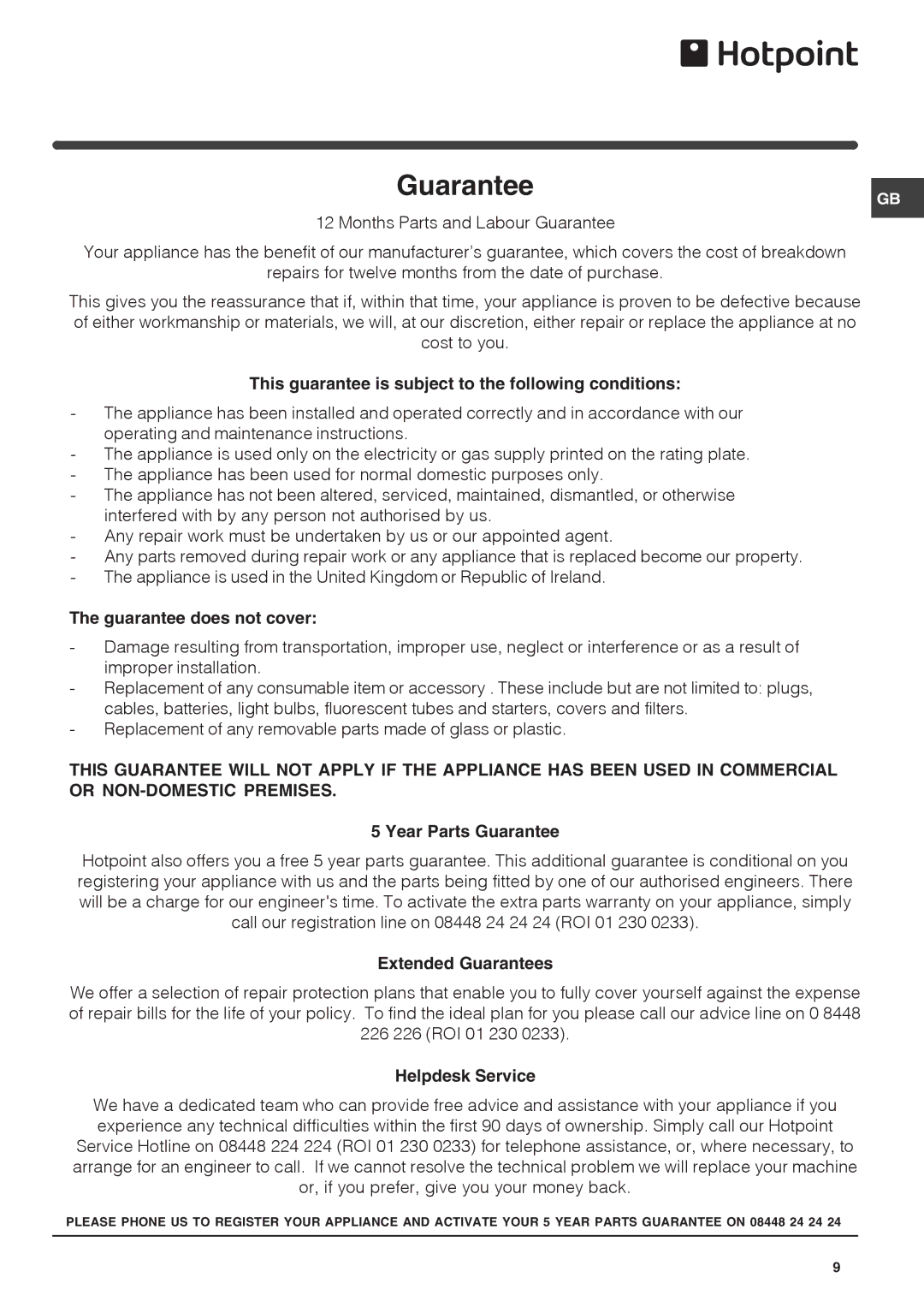 Hotpoint HZ1421 manual Guarantee 