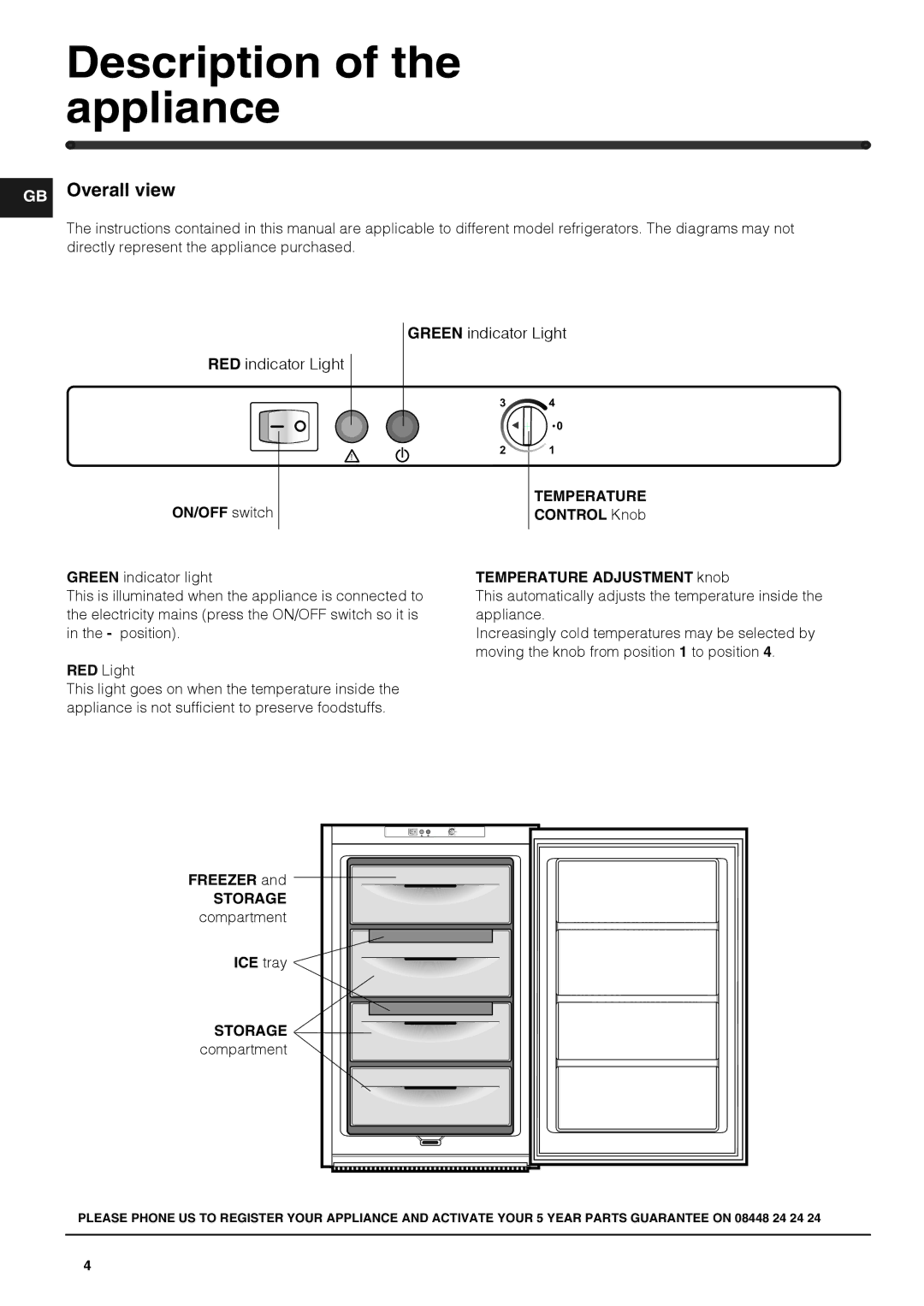 Hotpoint KSZ1422.1, HZ1422.1, Hotpoint Freezer manual Description of the appliance, GB Overall view 