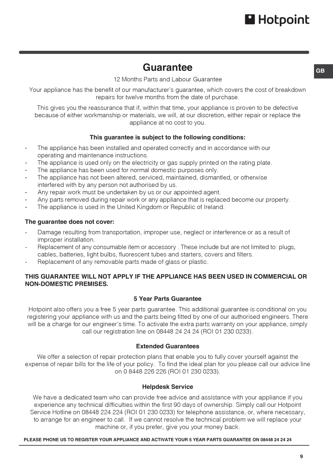 Hotpoint HZ1422.1, KSZ1422.1, Hotpoint Freezer manual Guarantee 