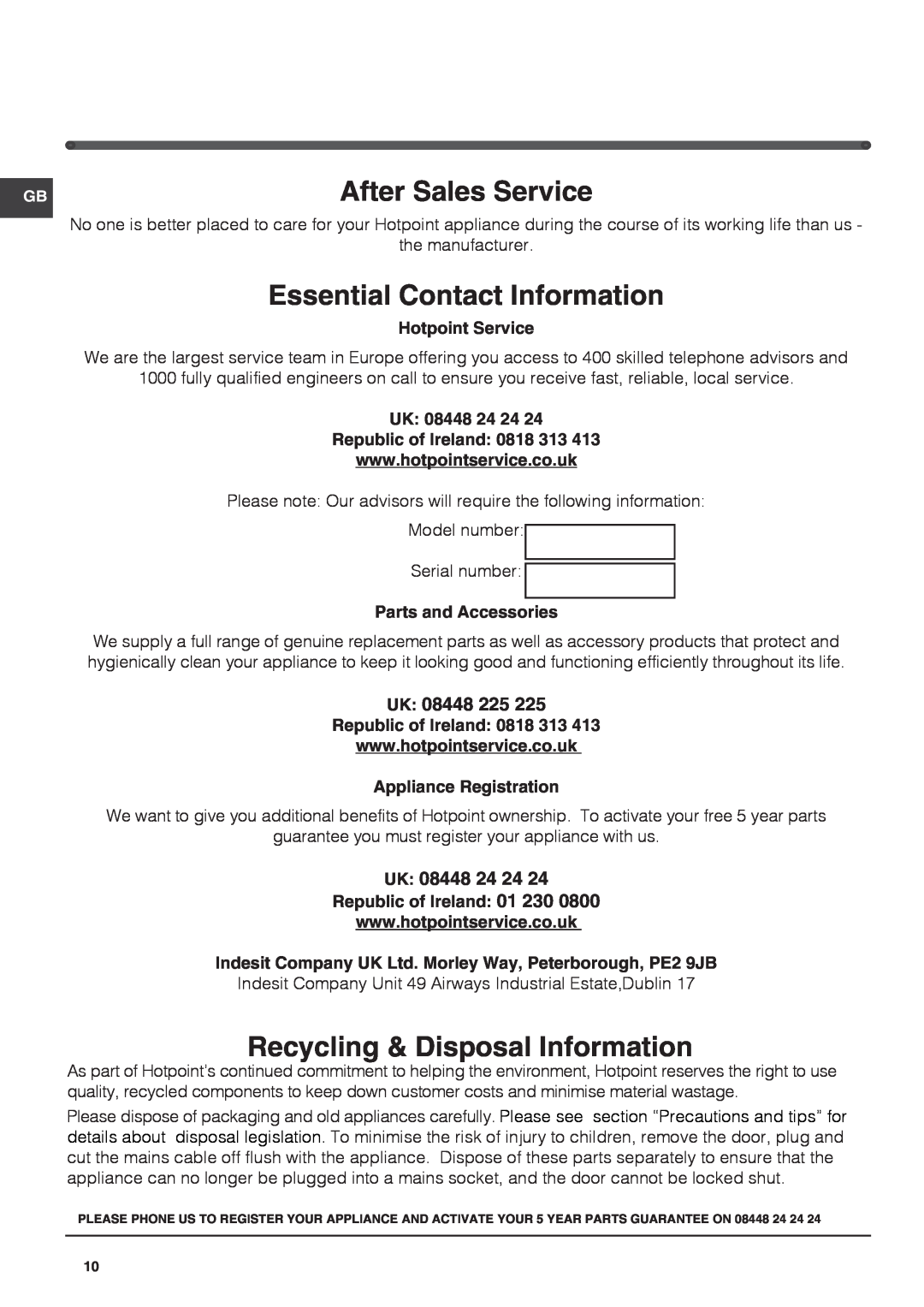 Hotpoint KSZ1422.1, HZ1422.1 manual After Sales Service, Recycling & Disposal Information, UK 08448 225, UK 08448 24 24 