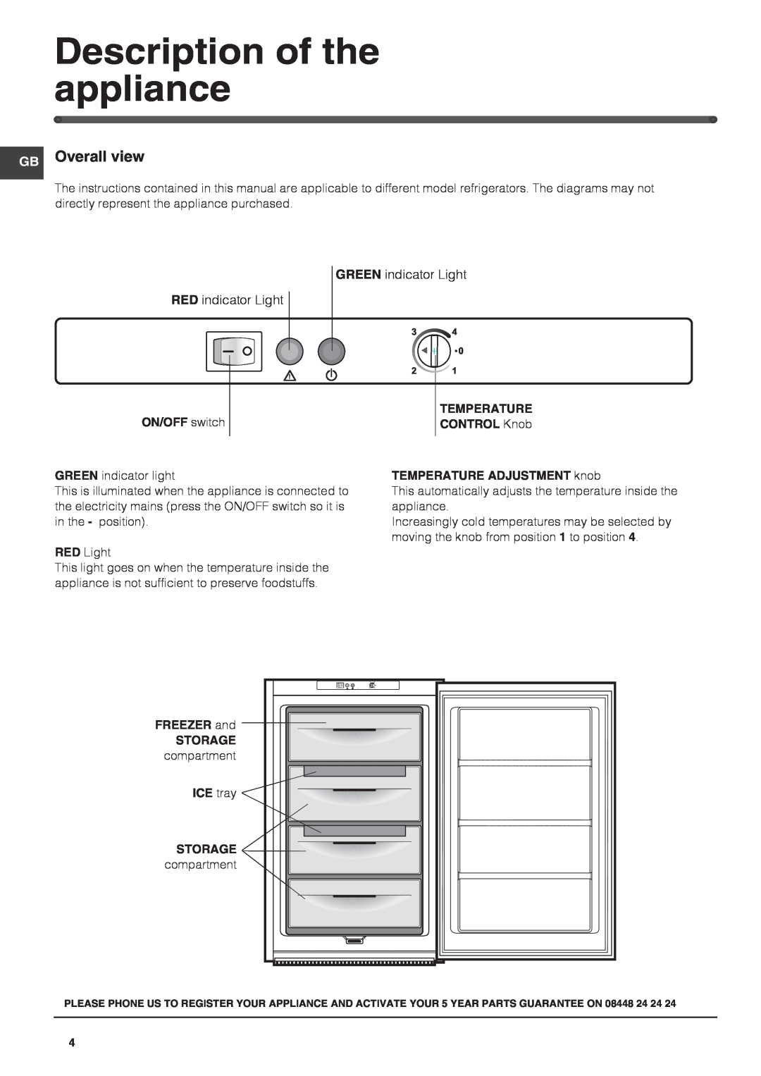 Hotpoint KSZ1422.1 manual Description of the appliance, GB Overall view, ON/OFF switch, FREEZER and, Storage, compartment 