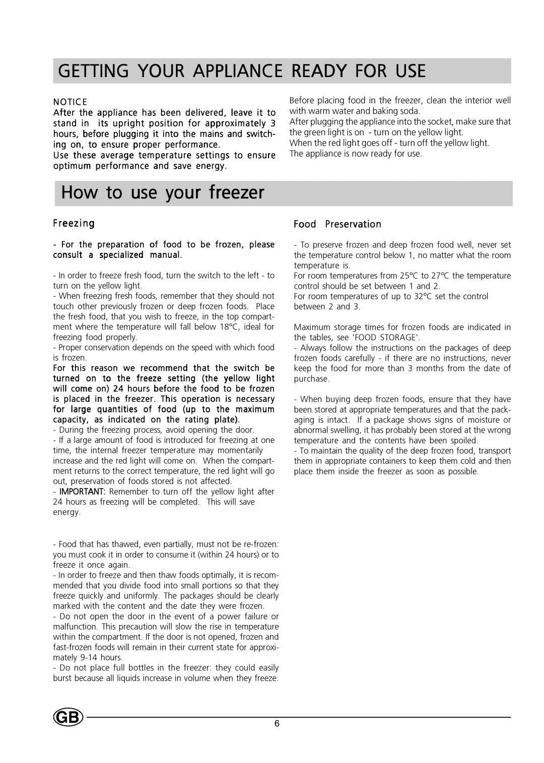 Hotpoint HZ201 manual Getting Your Appliance Ready for USE, Freezing, Food Preservation 