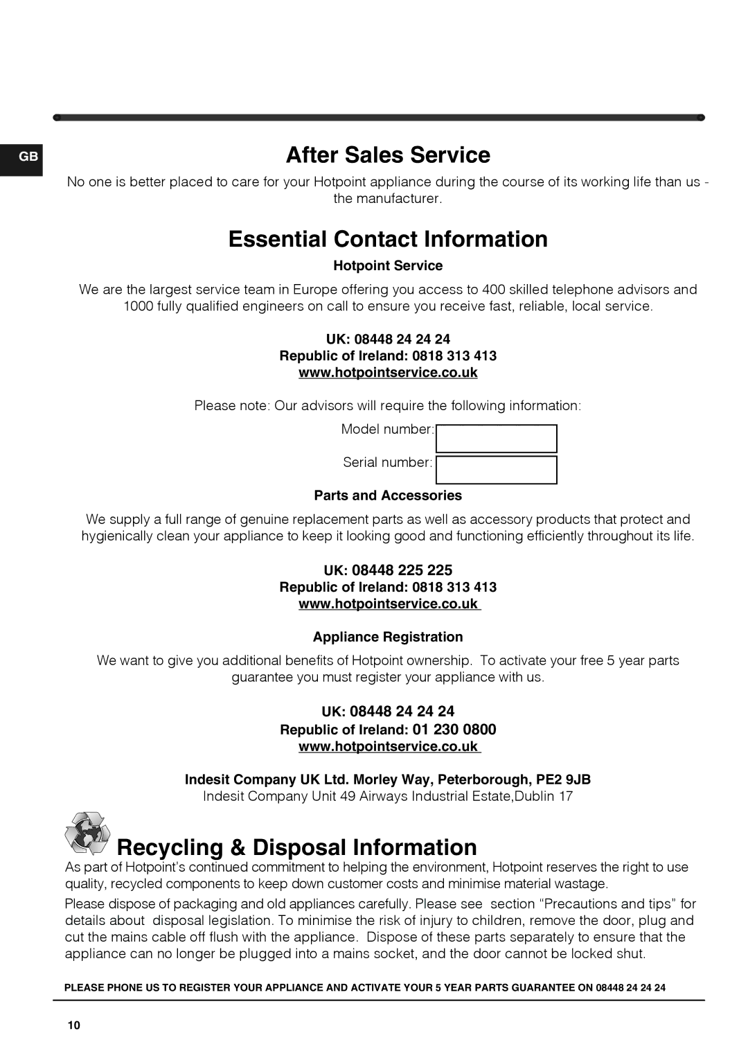 Hotpoint HZ2022.1 manual UK 08448 225, UK 08448 24 24, Hotpoint Service 