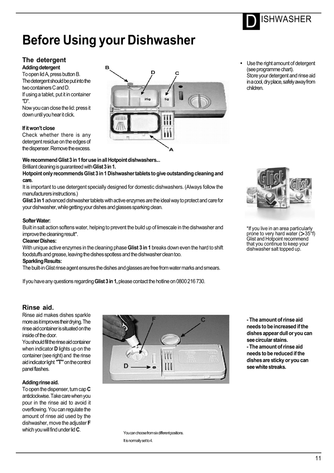 Hotpoint Instructions Adding detergent, If it wont close, SofterWater, CleanerDishes, SparklingResults, Adding rinse aid 