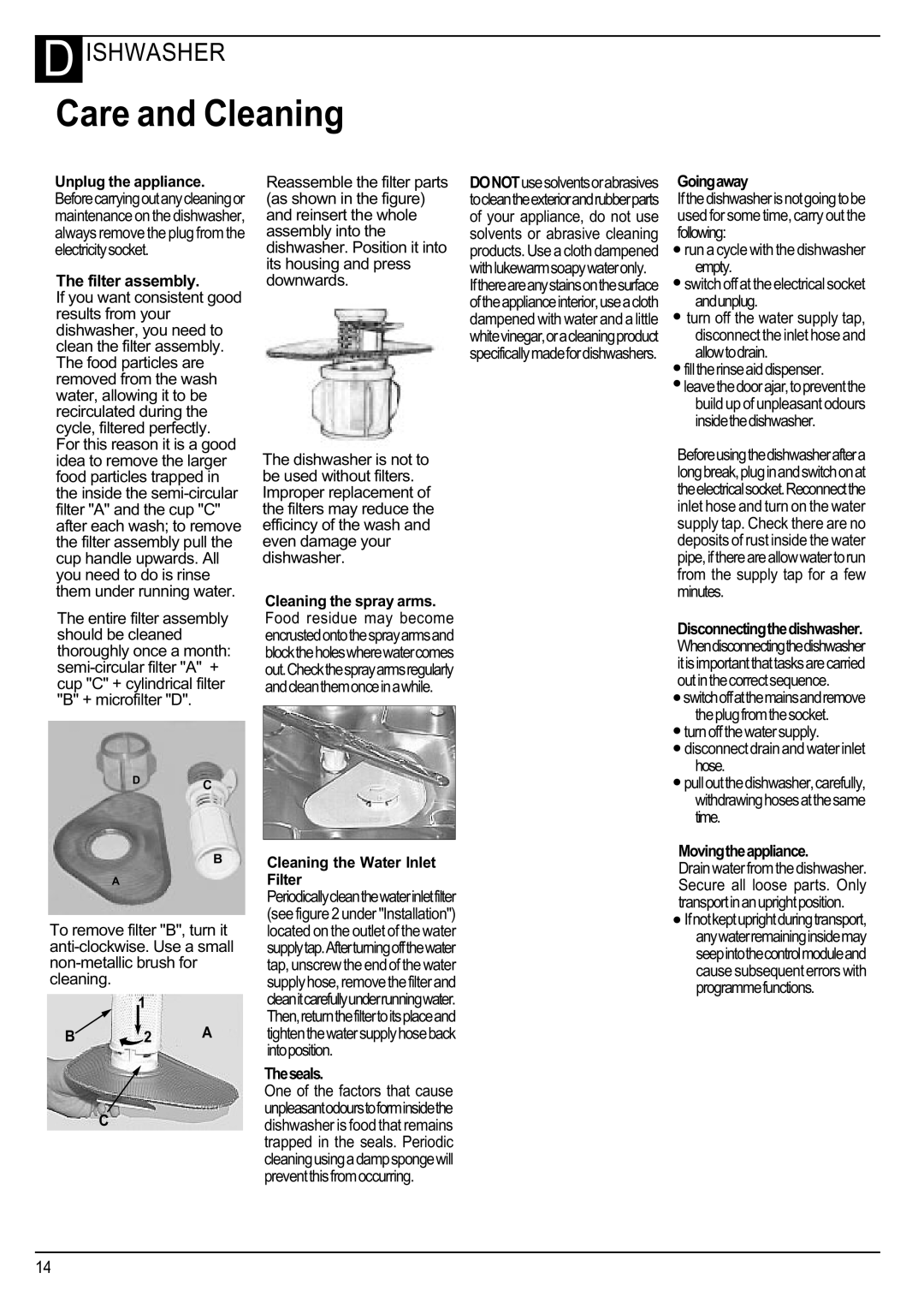 Hotpoint Instructions Care and Cleaning, Unplug the appliance, Cleaning the spray arms, Cleaning the Water Inlet Filter 