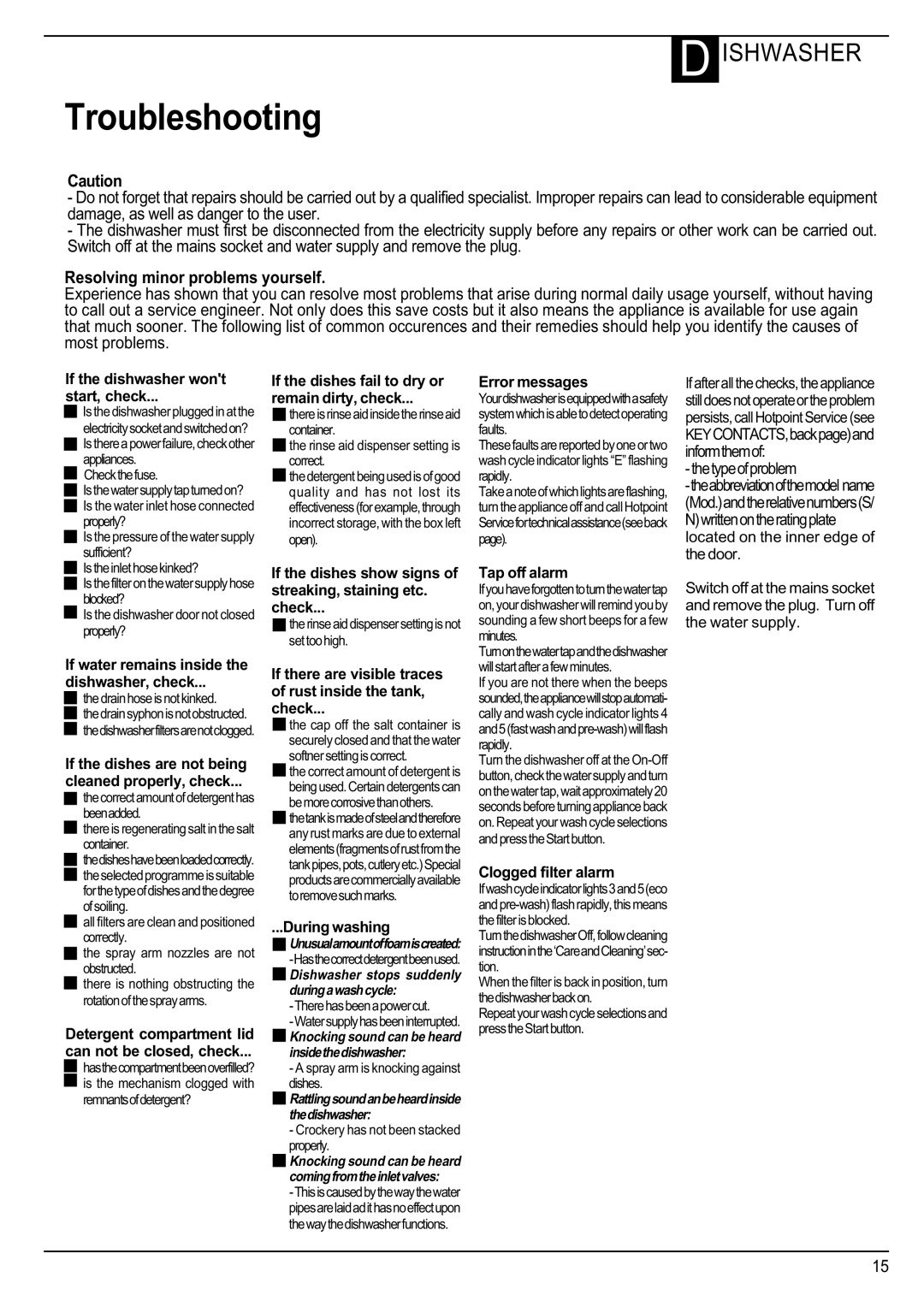 Hotpoint Instructions manual Troubleshooting, Resolving minor problems yourself 