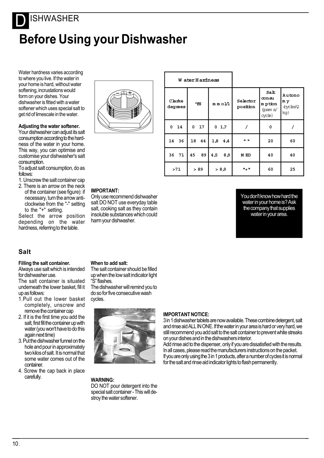 Hotpoint Instructions manual Before Using your Dishwasher, D Ishwasher, Salt, to the + setting, Filling the salt container 