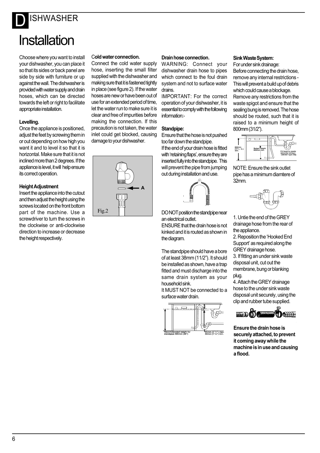 Hotpoint Instructions manual Installation, D Ishwasher, Levelling, Drainhoseconnection, Standpipe, SinkWasteSystem 